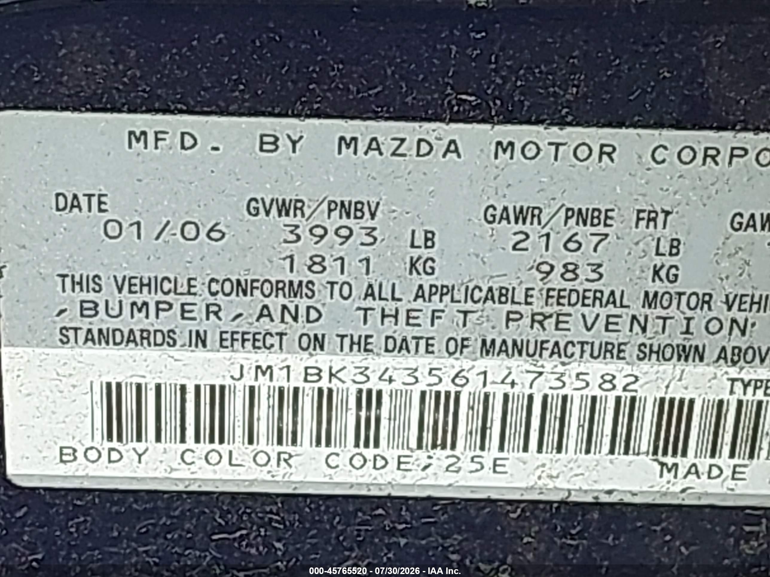 2006 Mazda Mazda3 S Touring Blue vin: JM1BK343561473582