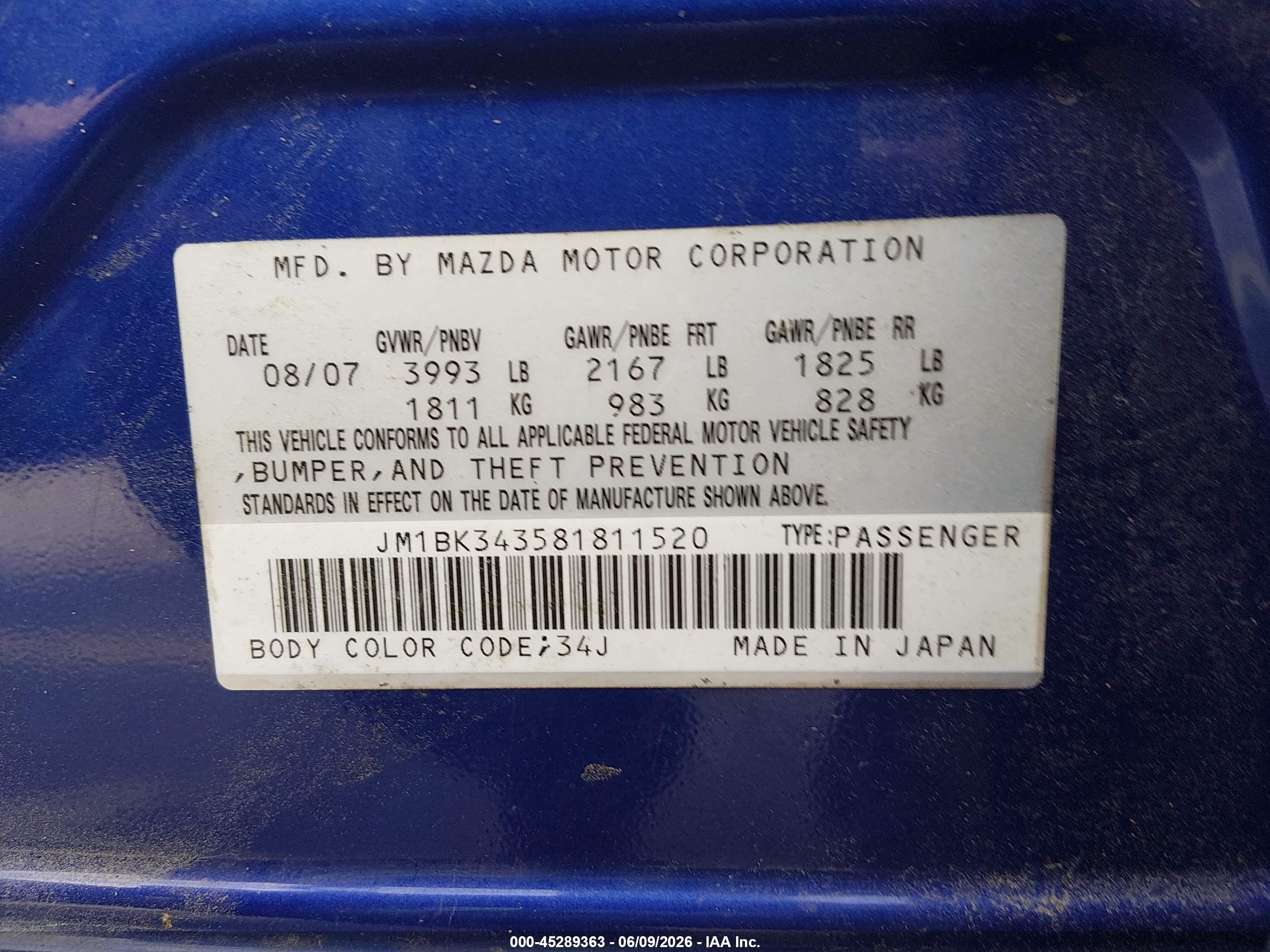 2008 Mazda Mazda3 S Sport Blue vin: JM1BK343581811520