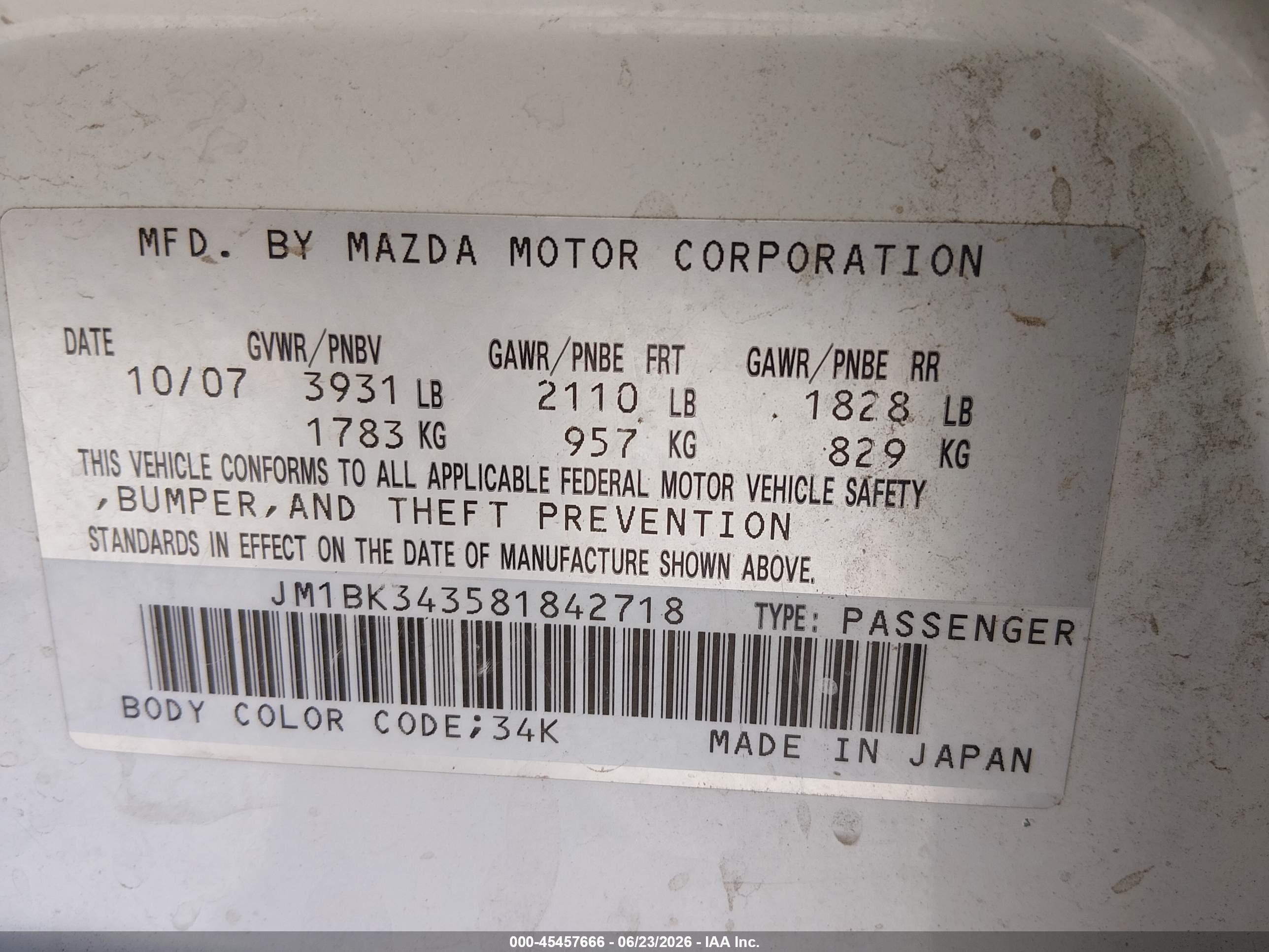 2008 Mazda Mazda3   White vin: JM1BK343581842718