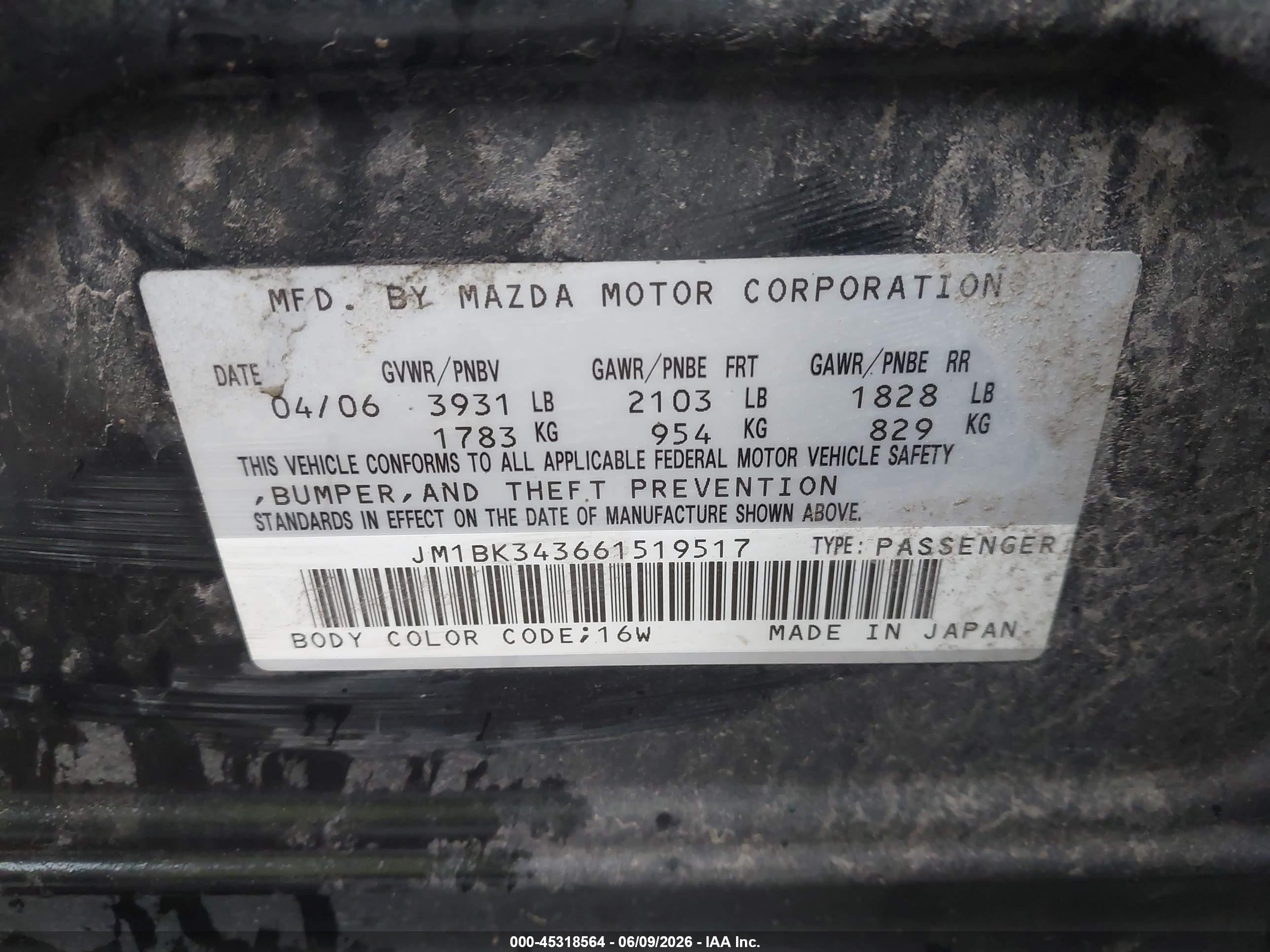 2006 Mazda Mazda3 S Touring Black vin: JM1BK343661519517