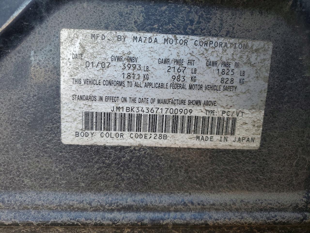 2007 Mazda 3 Hatchback Gray vin: JM1BK343671700909