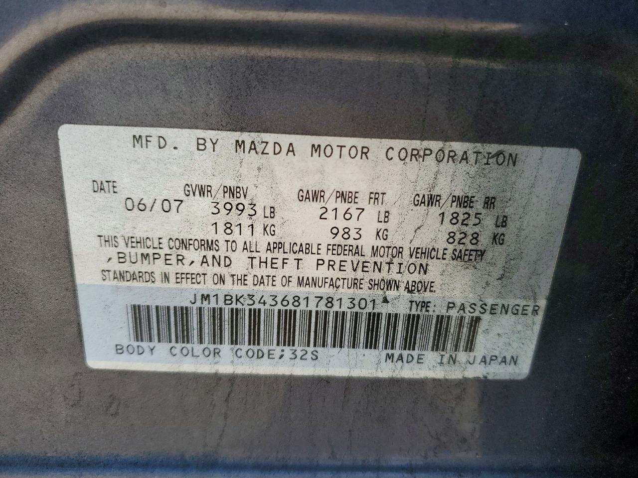 2008 Mazda 3 Hatchback Gray vin: JM1BK343681781301