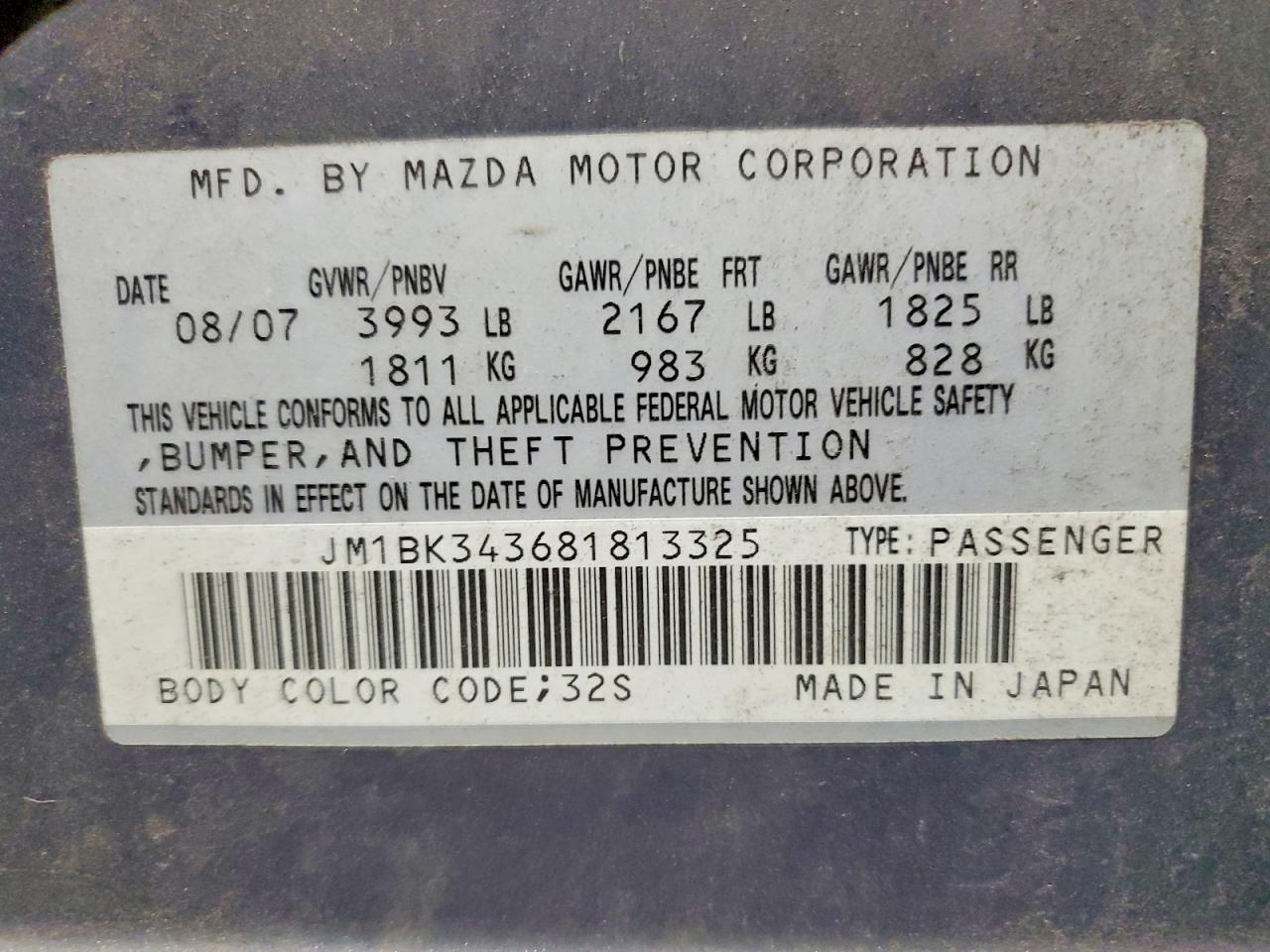 2008 Mazda 3 Hatchback Gray vin: JM1BK343681813325