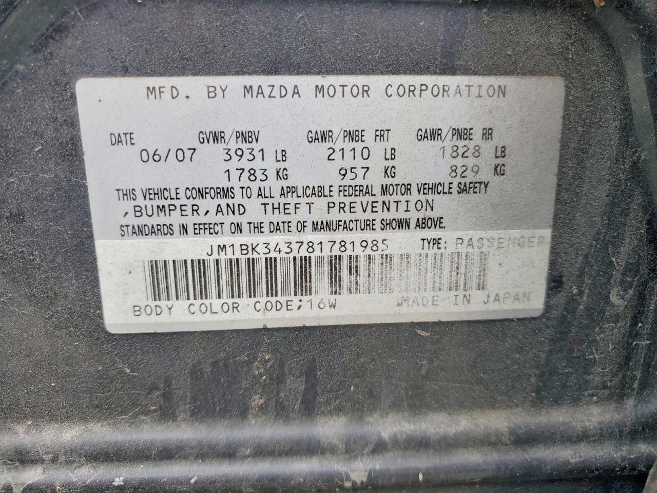 2008 Mazda 3 Black vin: JM1BK343781781985