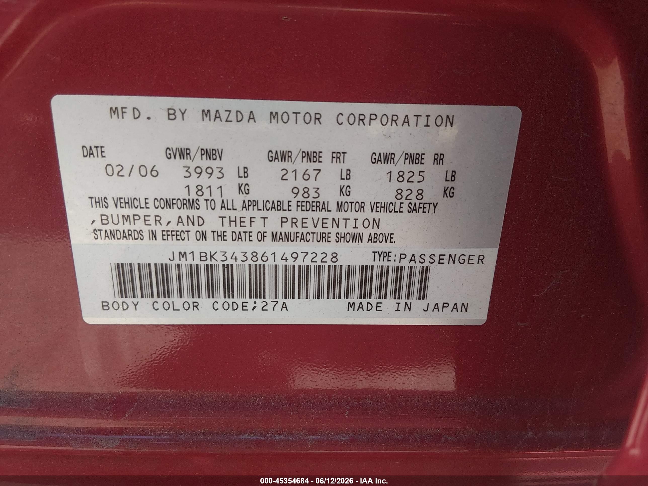 2006 Mazda Mazda3 S Grand Touring Red vin: JM1BK343861497228