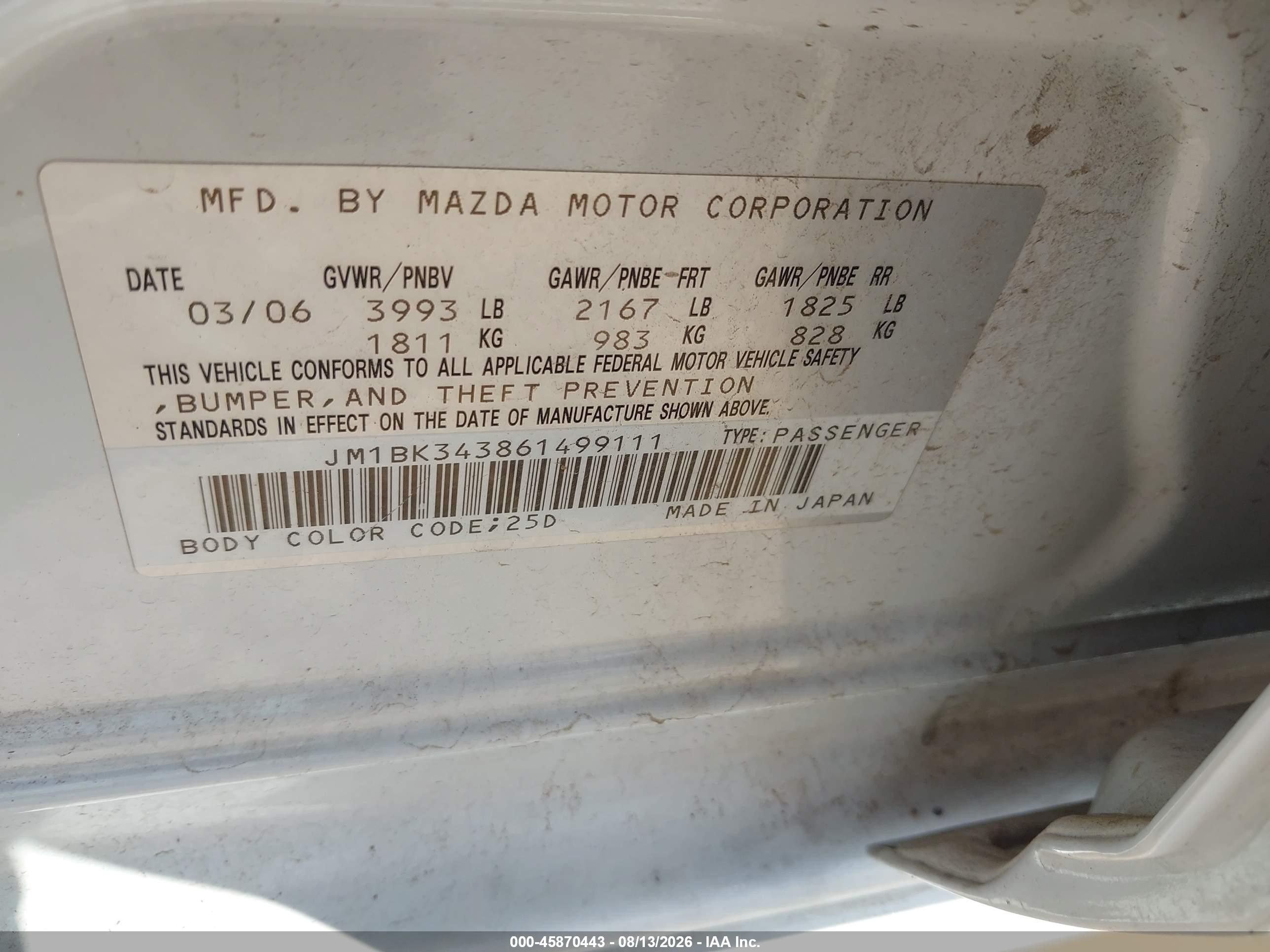 2006 Mazda Mazda3 S Touring White vin: JM1BK343861499111