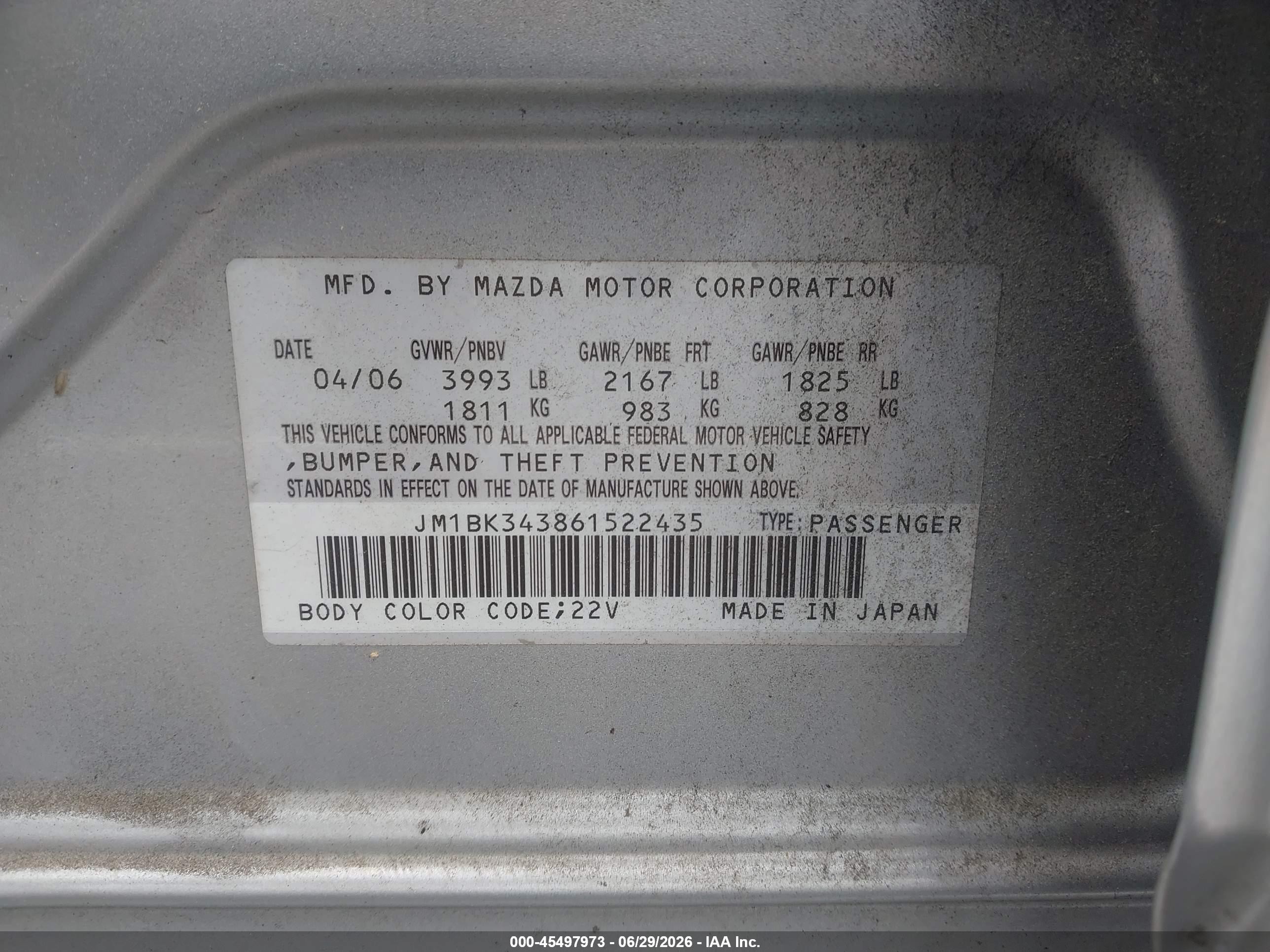2006 Mazda Mazda3 S Grand Touring Silver vin: JM1BK343861522435