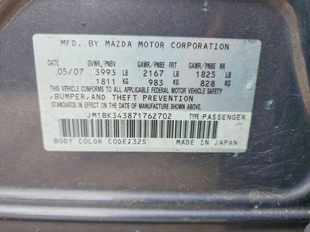 2007 Mazd 3 Gray vin: JM1BK343871762702