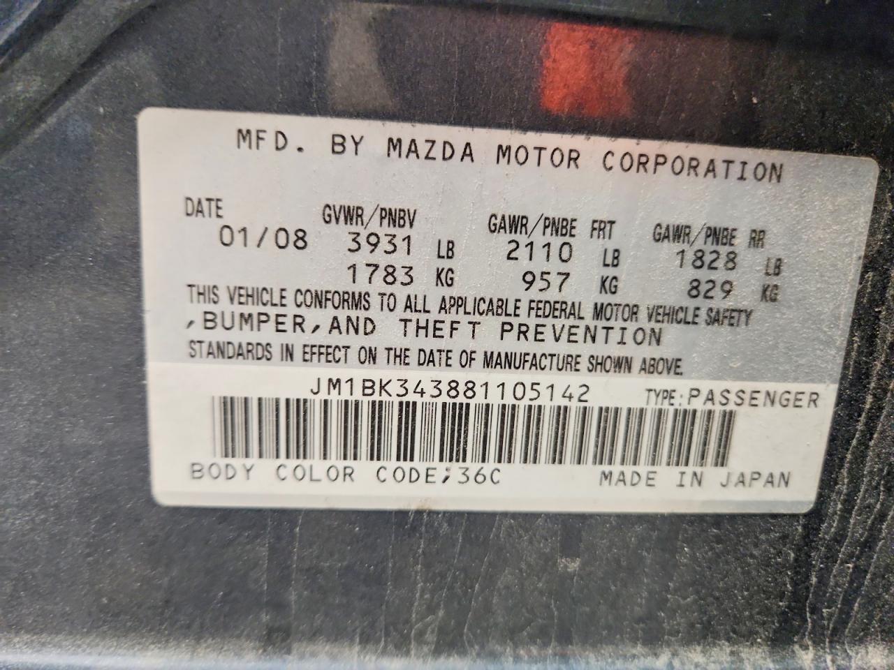 2008 Mazda 3 Hatchback Gray vin: JM1BK343881105142