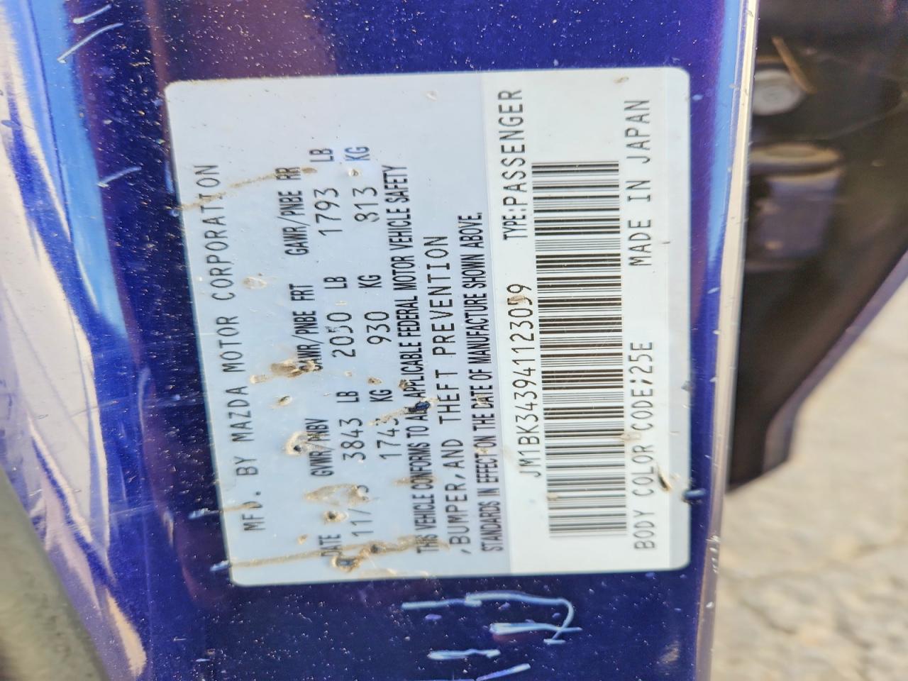 2004 Mazda 3 Hatchback Blue vin: JM1BK343941123059