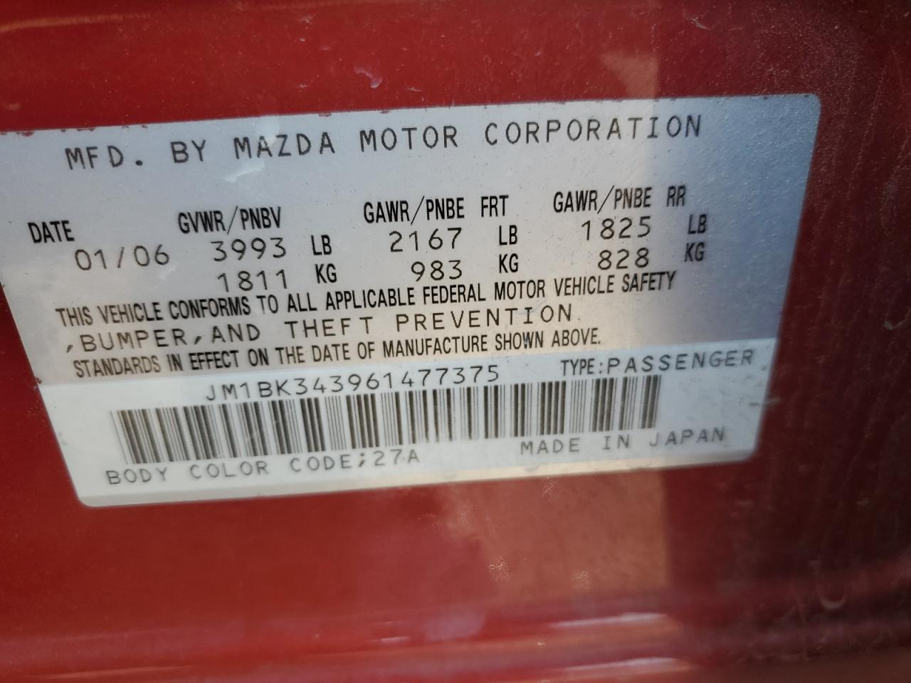 JM1BK343961477375 — 2006 MAZDA 3 History & VIN | AutoHelperBot