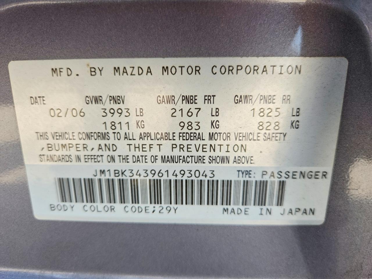 2006 Mazda 3 Hatchback Gray vin: JM1BK343961493043