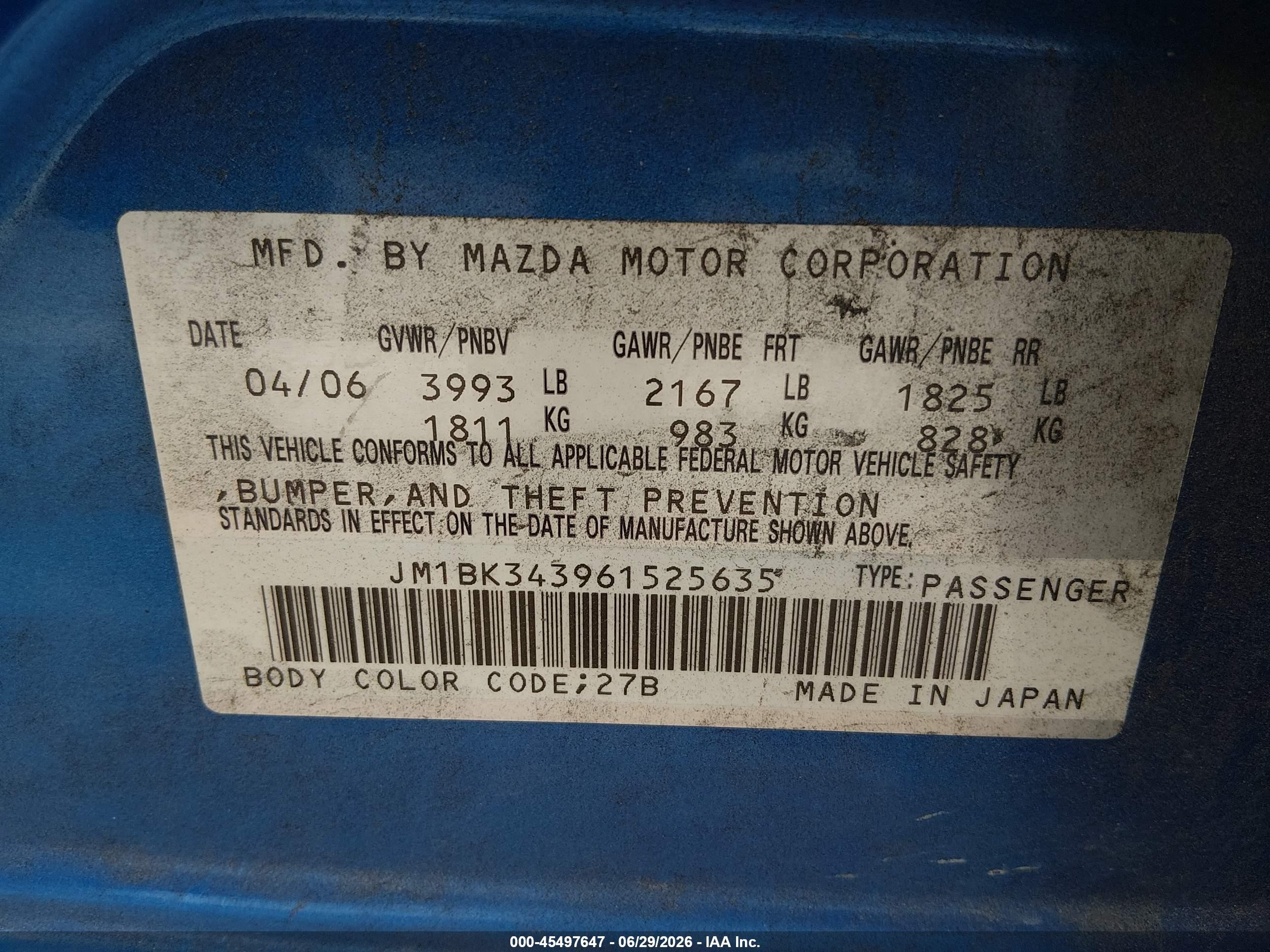 2006 Mazda Mazda3 S Grand Touring Blue vin: JM1BK343961525635