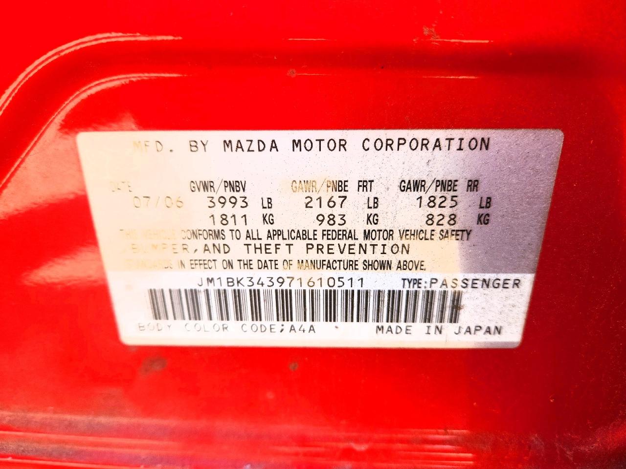 2007 Mazda 3 Hatchback Red vin: JM1BK343971610511