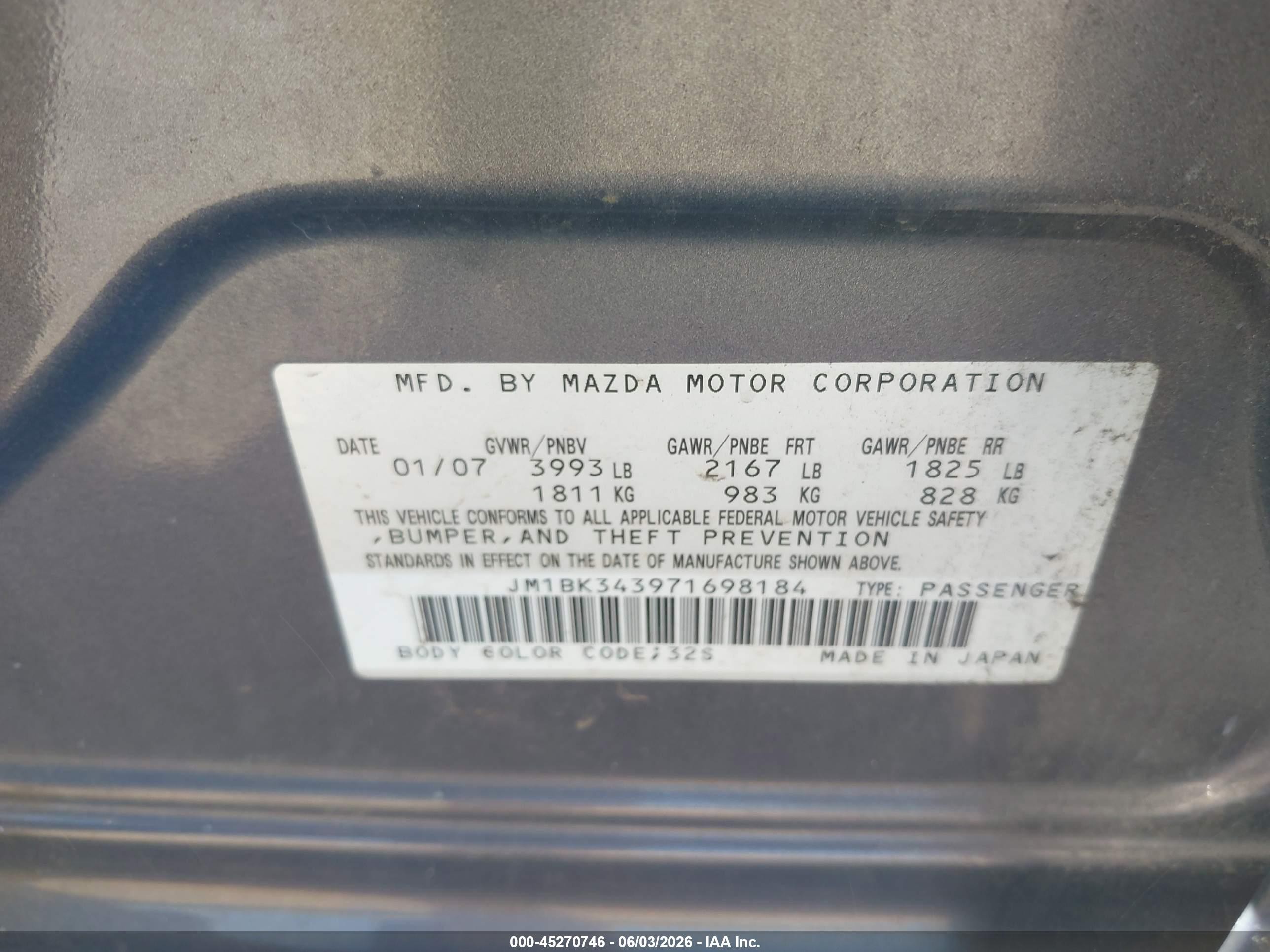 2007 Mazda Mazda3 S Grand Touring Blue vin: JM1BK343971698184