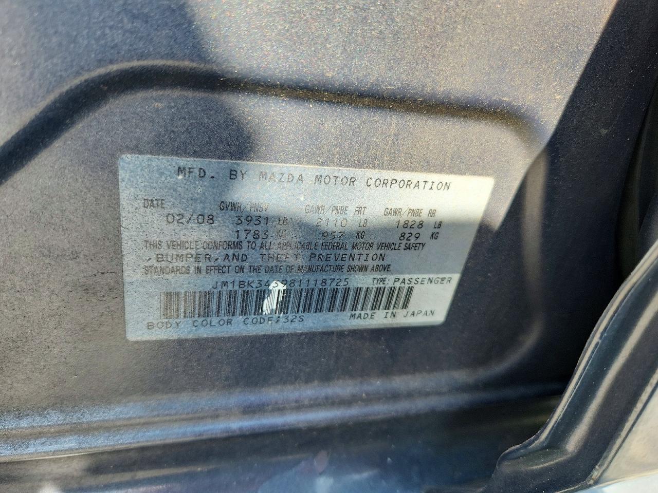 2008 Mazda 3 Hatchback Gray vin: JM1BK343981118725