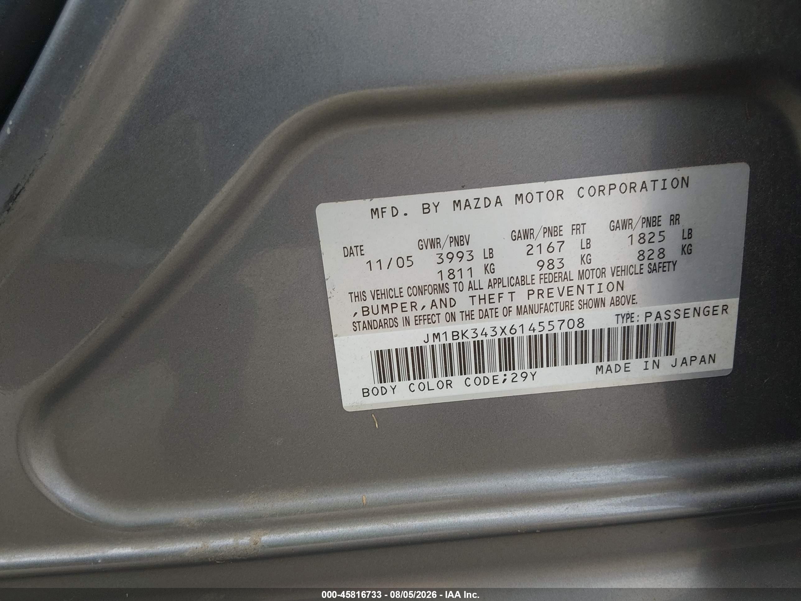 2006 Mazda 3 Hatchback Gray vin: JM1BK343X61455708
