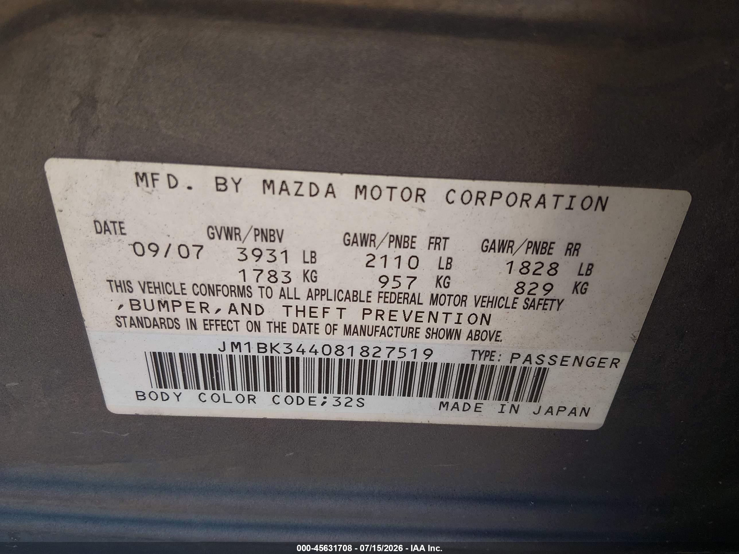 2008 Mazda Mazda3 S Sport Blue vin: JM1BK344081827519