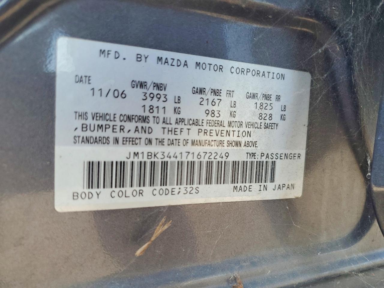 2007 Mazda 3 Hatchback Gray vin: JM1BK344171672249