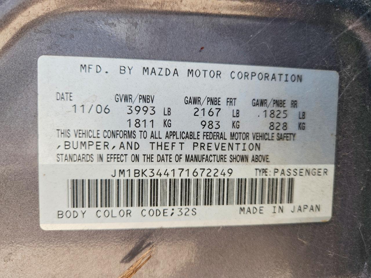 2007 Mazda 3 Hatchback Gray vin: JM1BK344171672249
