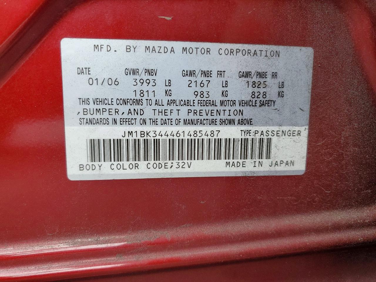 2006 Mazda 3 Hatchback Red vin: JM1BK344461485487