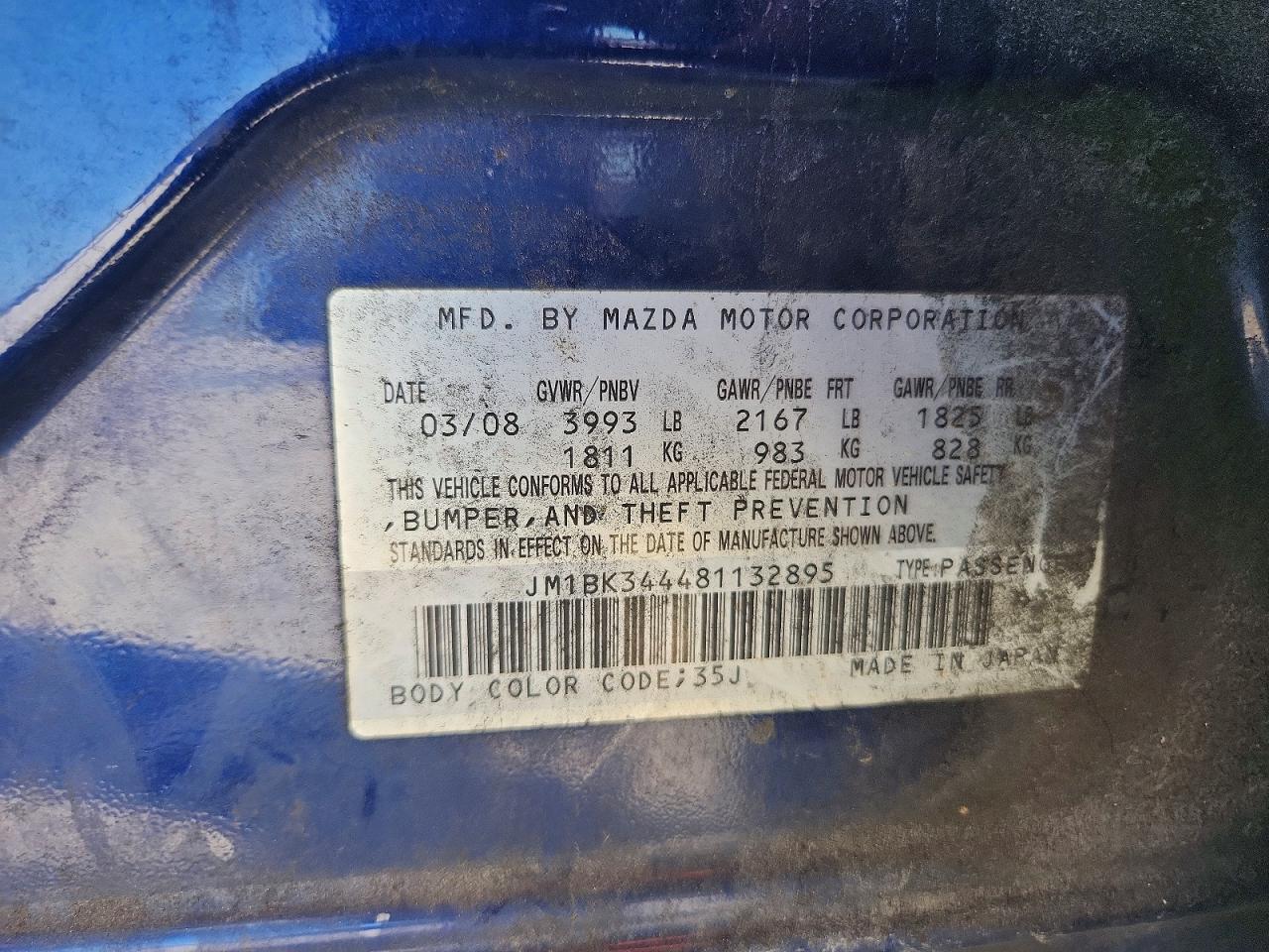 2008 Mazda 3 Hatchback Blue vin: JM1BK344481132895