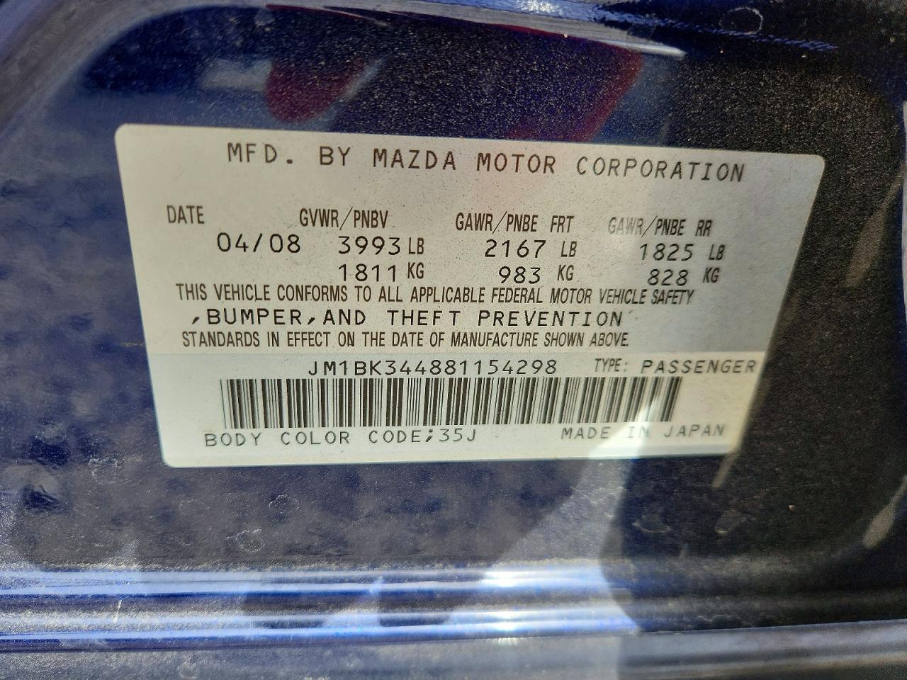 2008 Mazda 3 Hatchback Blue vin: JM1BK344881154298