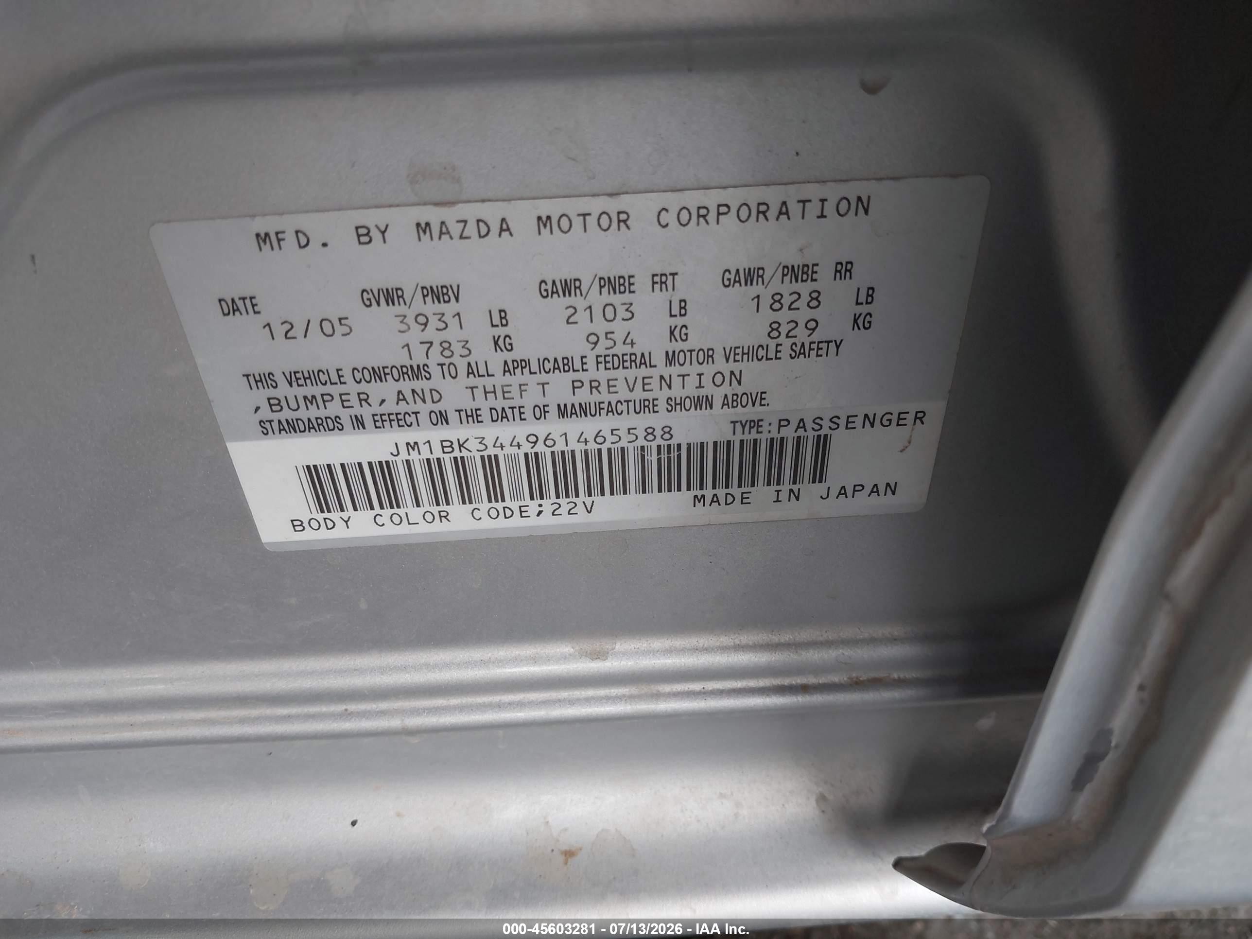 2006 Mazda Mazda3 S Touring Silver vin: JM1BK344961465588