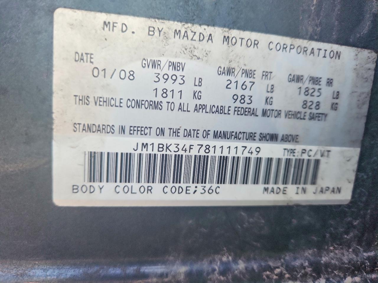 2008 Mazda 3 I Gray vin: JM1BK34F781111749