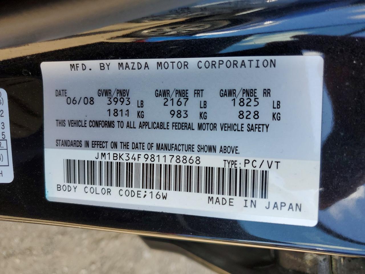 2008 Mazda 3 I Black vin: JM1BK34F981178868