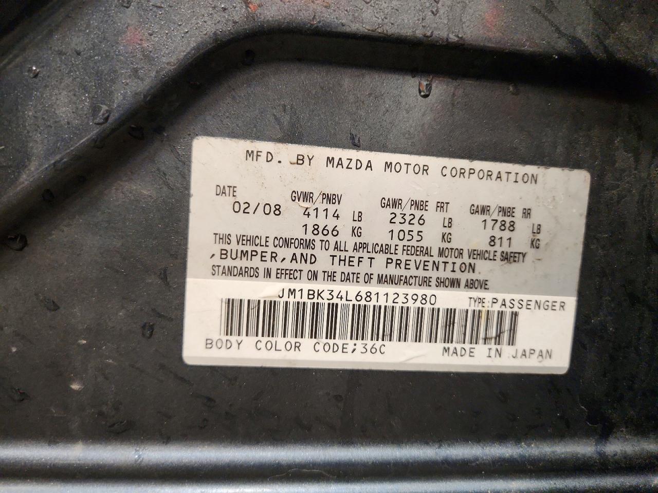 2008 Mazda Speed 3 Gray vin: JM1BK34L681123980