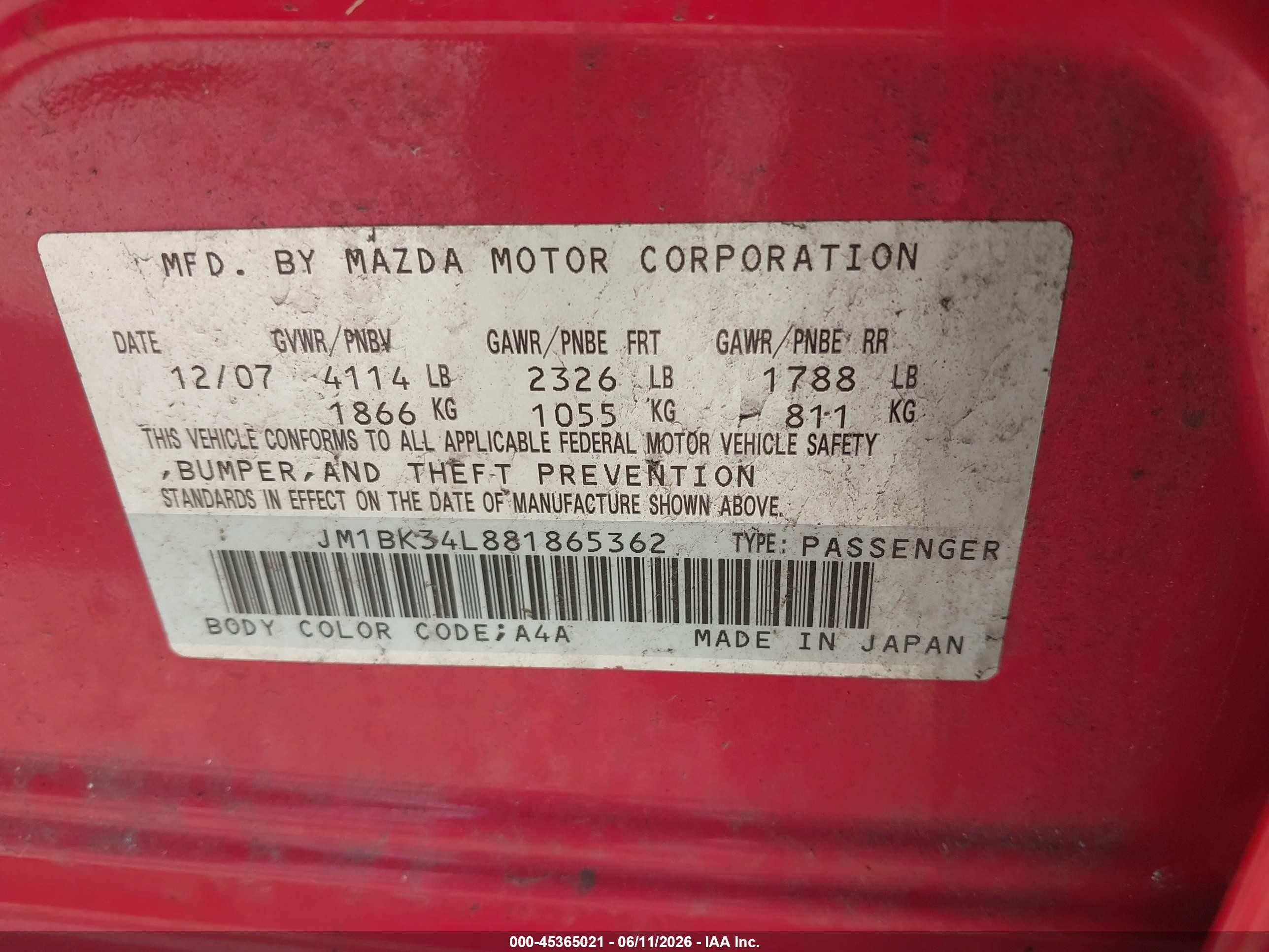 2008 Mazda Mazdaspeed3 Sport Красный vin: JM1BK34L881865362