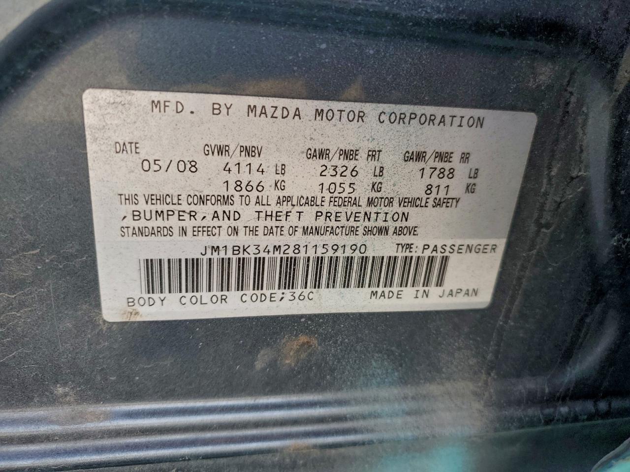 2008 Mazda Speed 3 Turquoise vin: JM1BK34M281159190