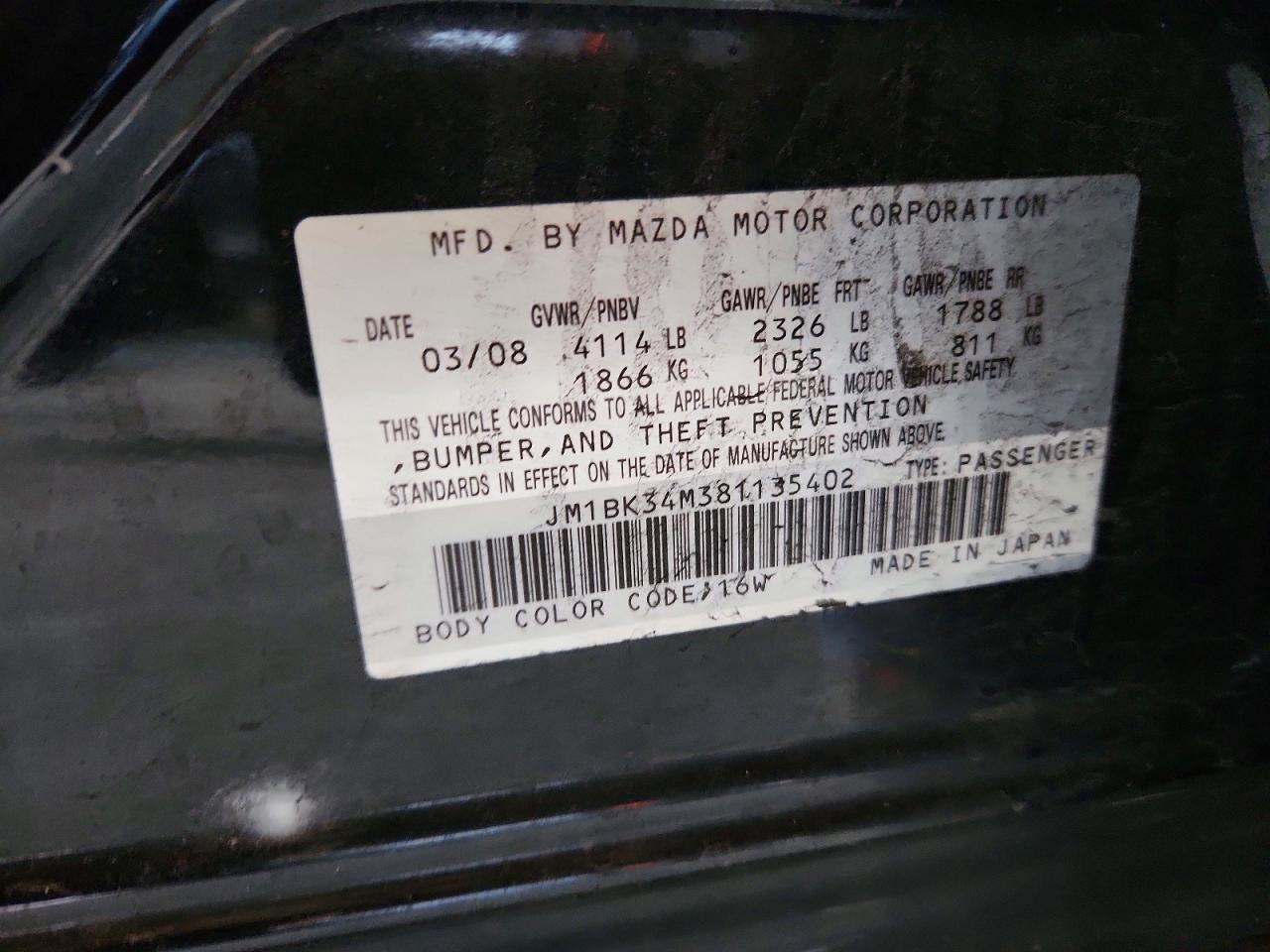 2008 Mazda Speed 3 Black vin: JM1BK34M381135402