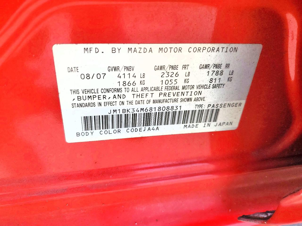 2008 Mazda Speed 3 Red vin: JM1BK34M681808831