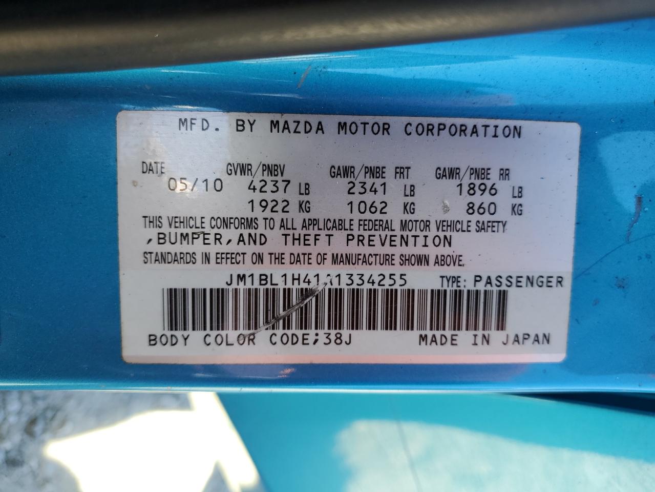 2010 Mazda Speed 3 Blue vin: JM1BL1H41A1334255