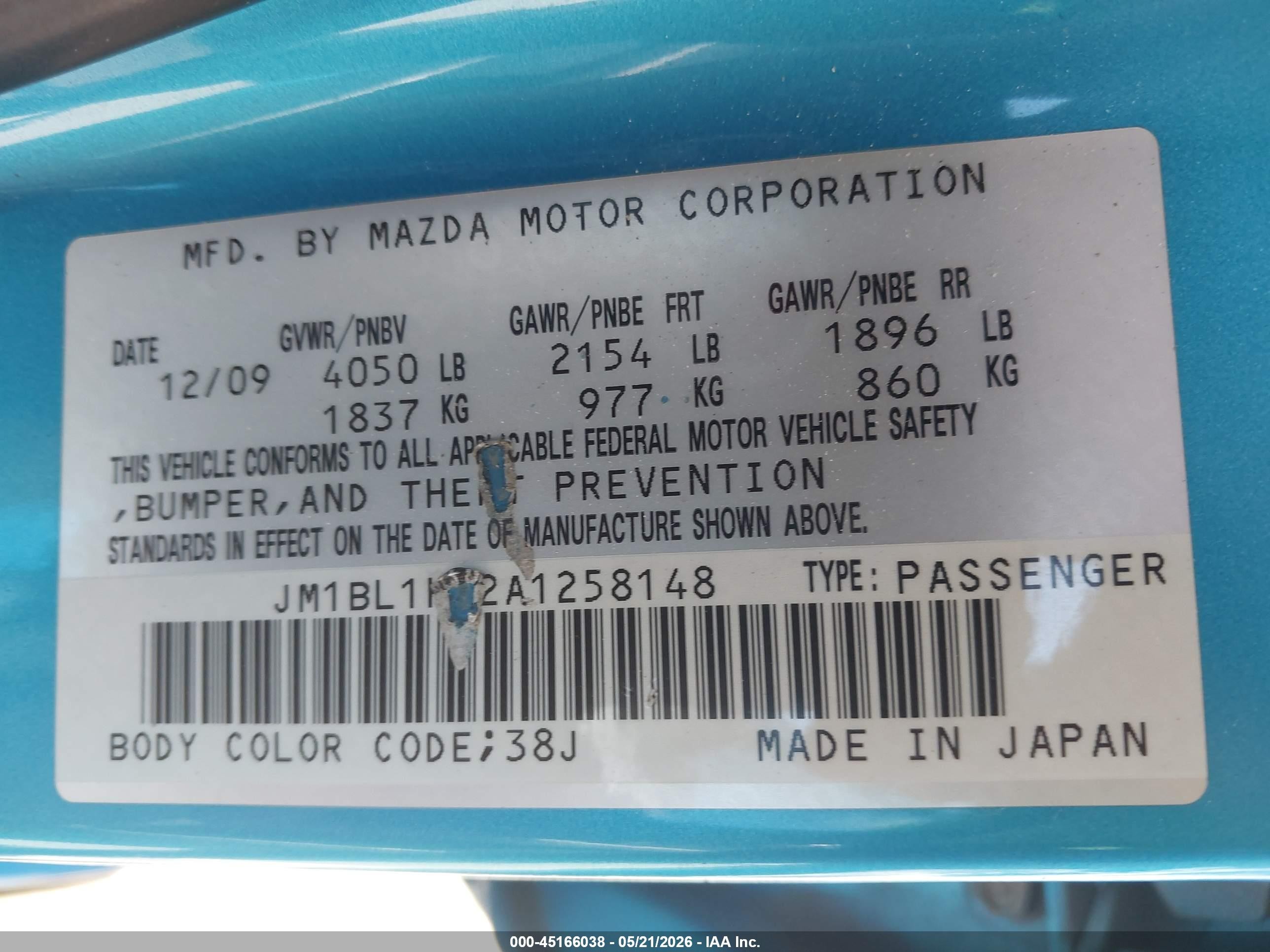 2010 Mazda Mazda3 S Sport Blue vin: JM1BL1H52A1258148