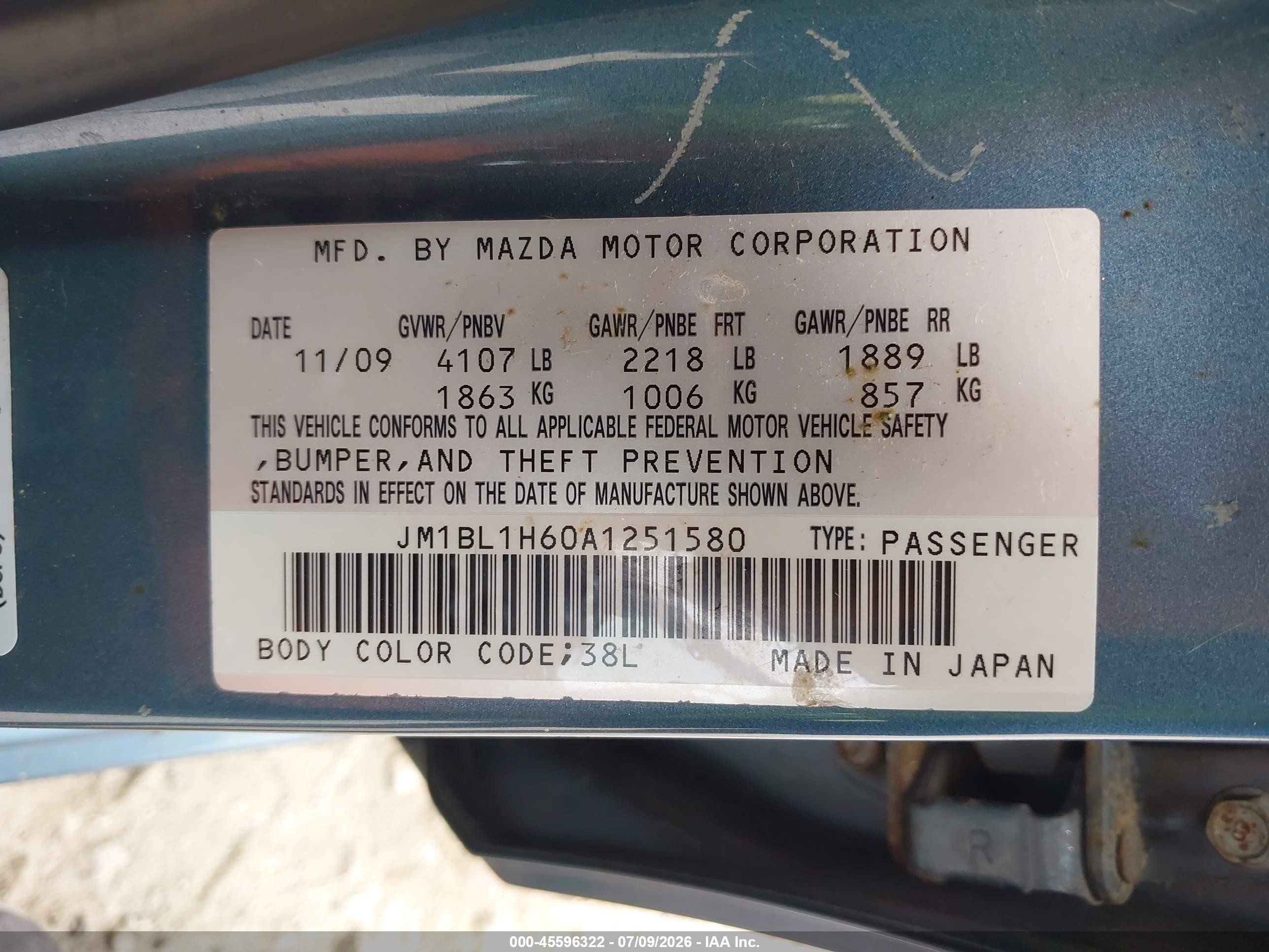 2010 Mazda Mazda3 S Sport Light Blue vin: JM1BL1H60A1251580