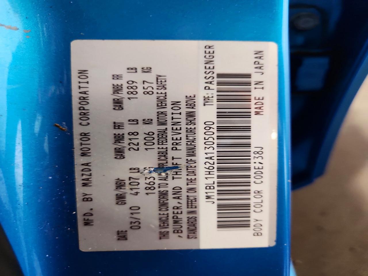 2010 Mazda 3 S Blue vin: JM1BL1H62A1305090