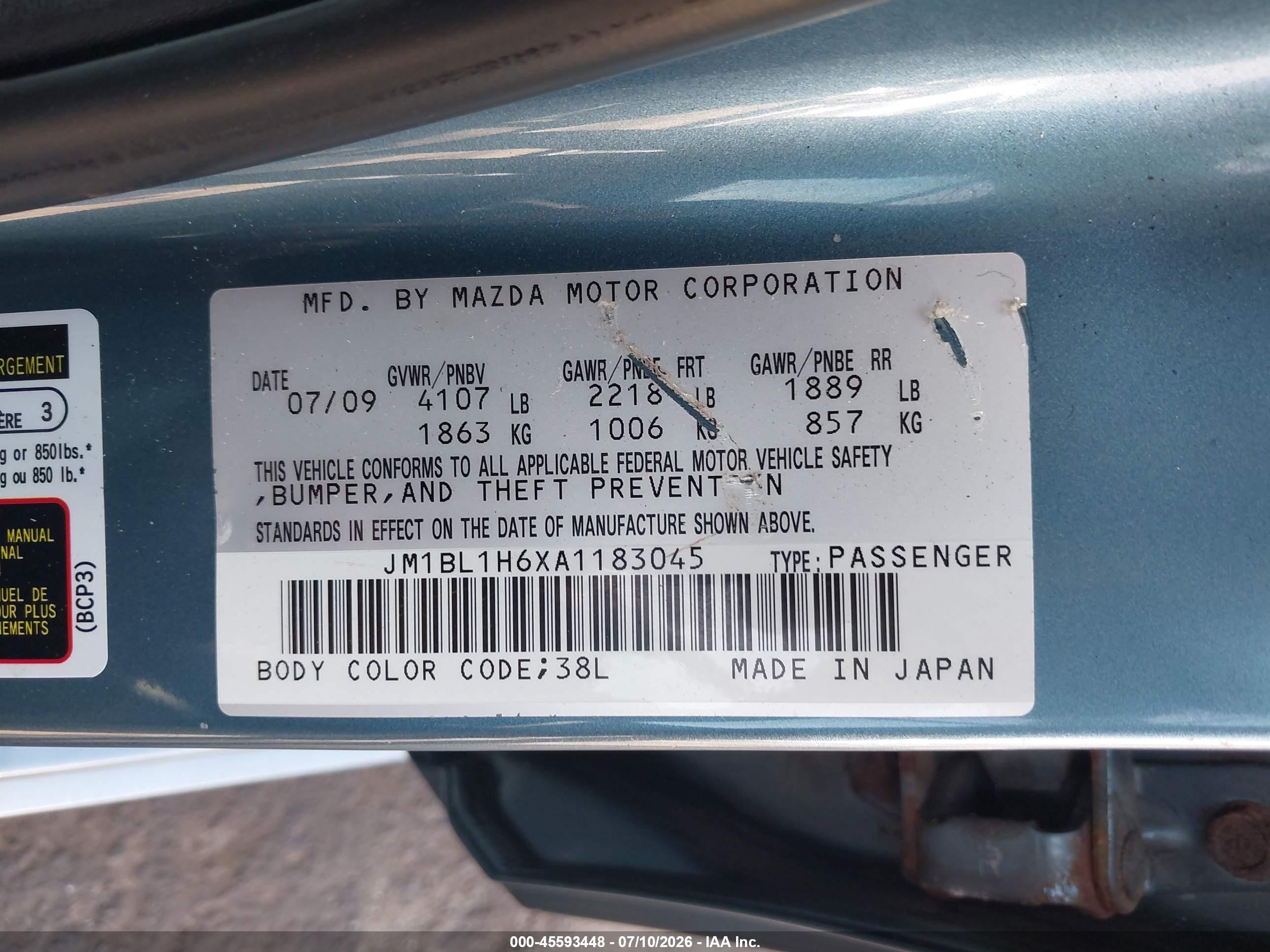 2010 Mazda Mazda3 S Sport Light Blue vin: JM1BL1H6XA1183045