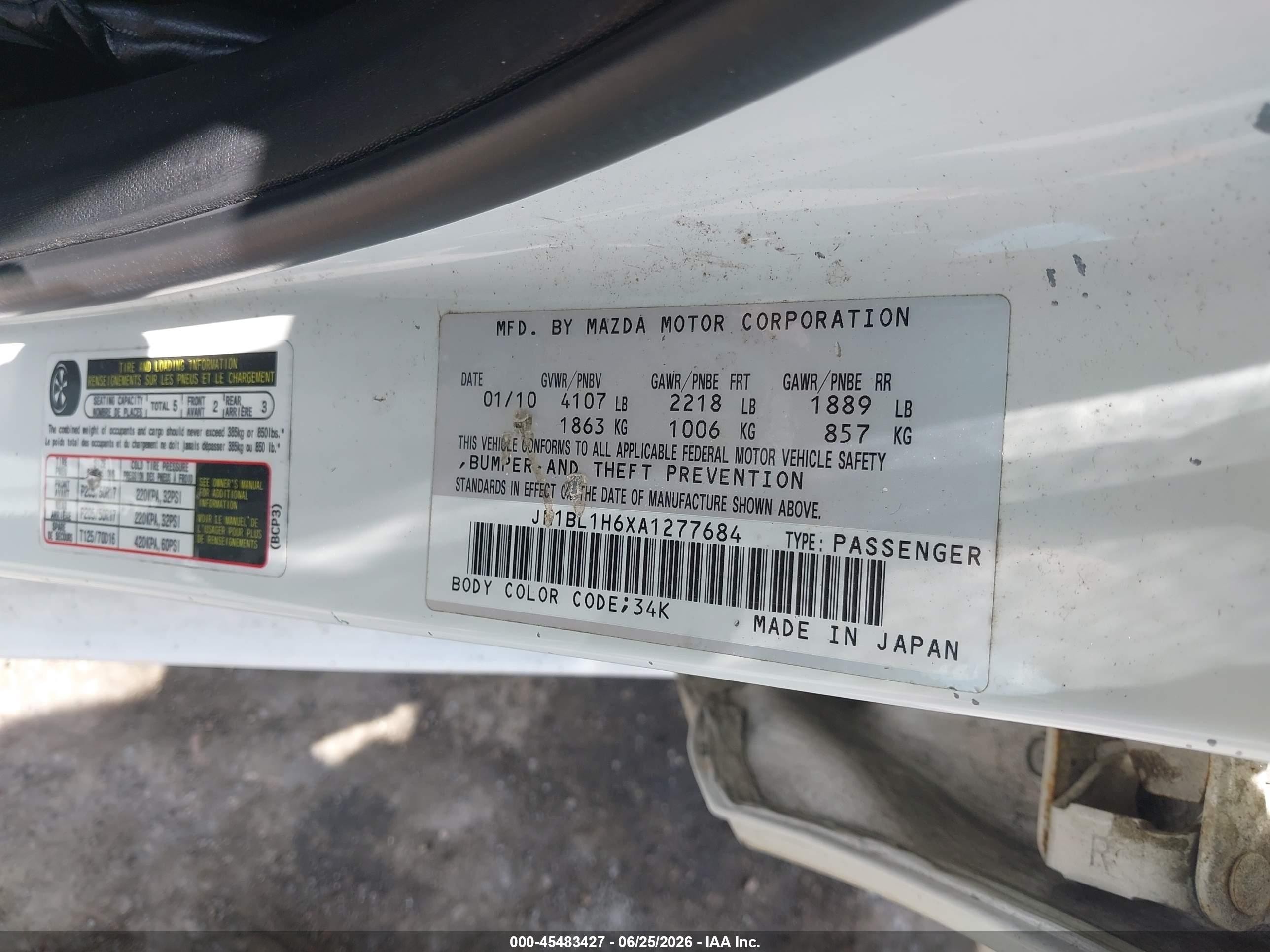 2010 Mazda Mazda3   Белый vin: JM1BL1H6XA1277684