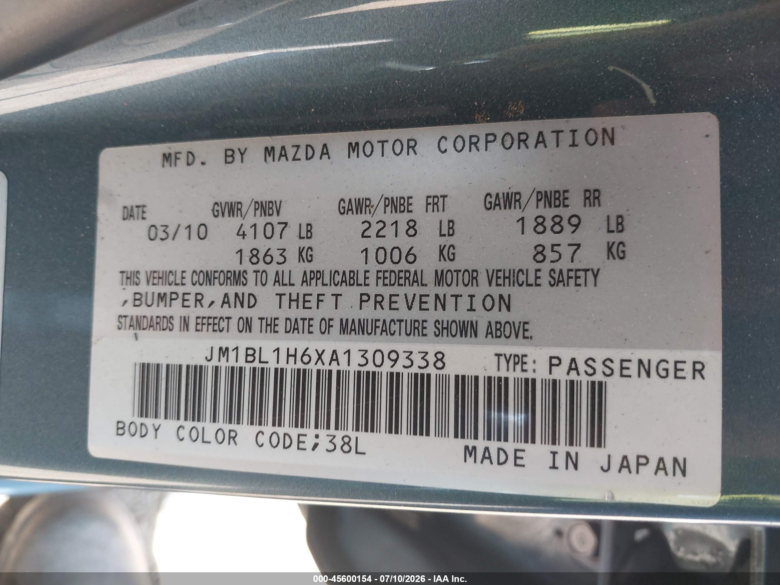 2010 Mazda Mazda3 S Sport Blue vin: JM1BL1H6XA1309338
