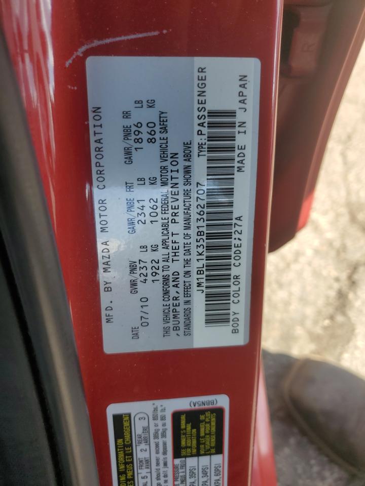2011 Mazda Speed 3 Red vin: JM1BL1K35B1362707