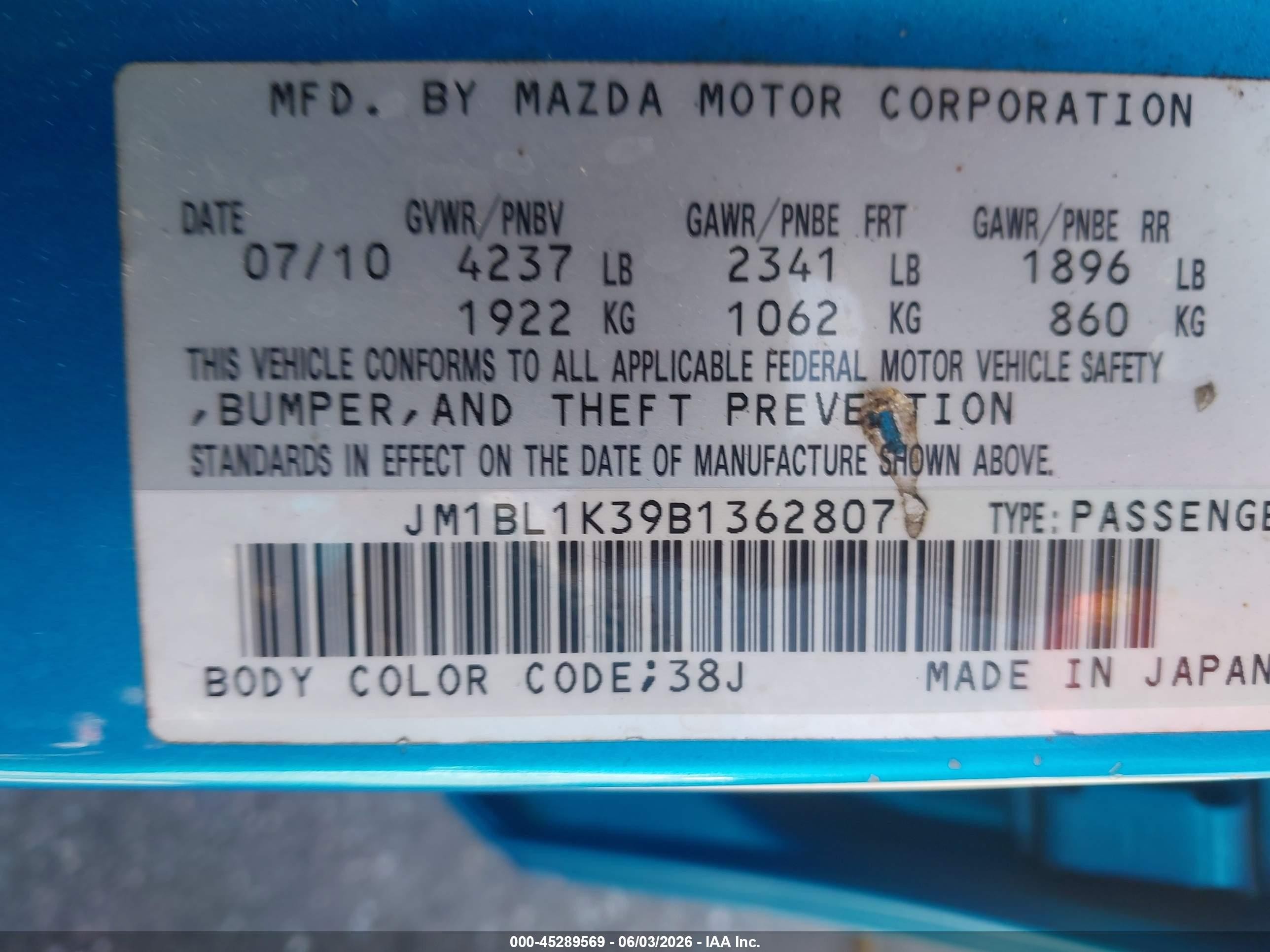 2011 Mazda Mazdaspeed3 Sport Blue vin: JM1BL1K39B1362807