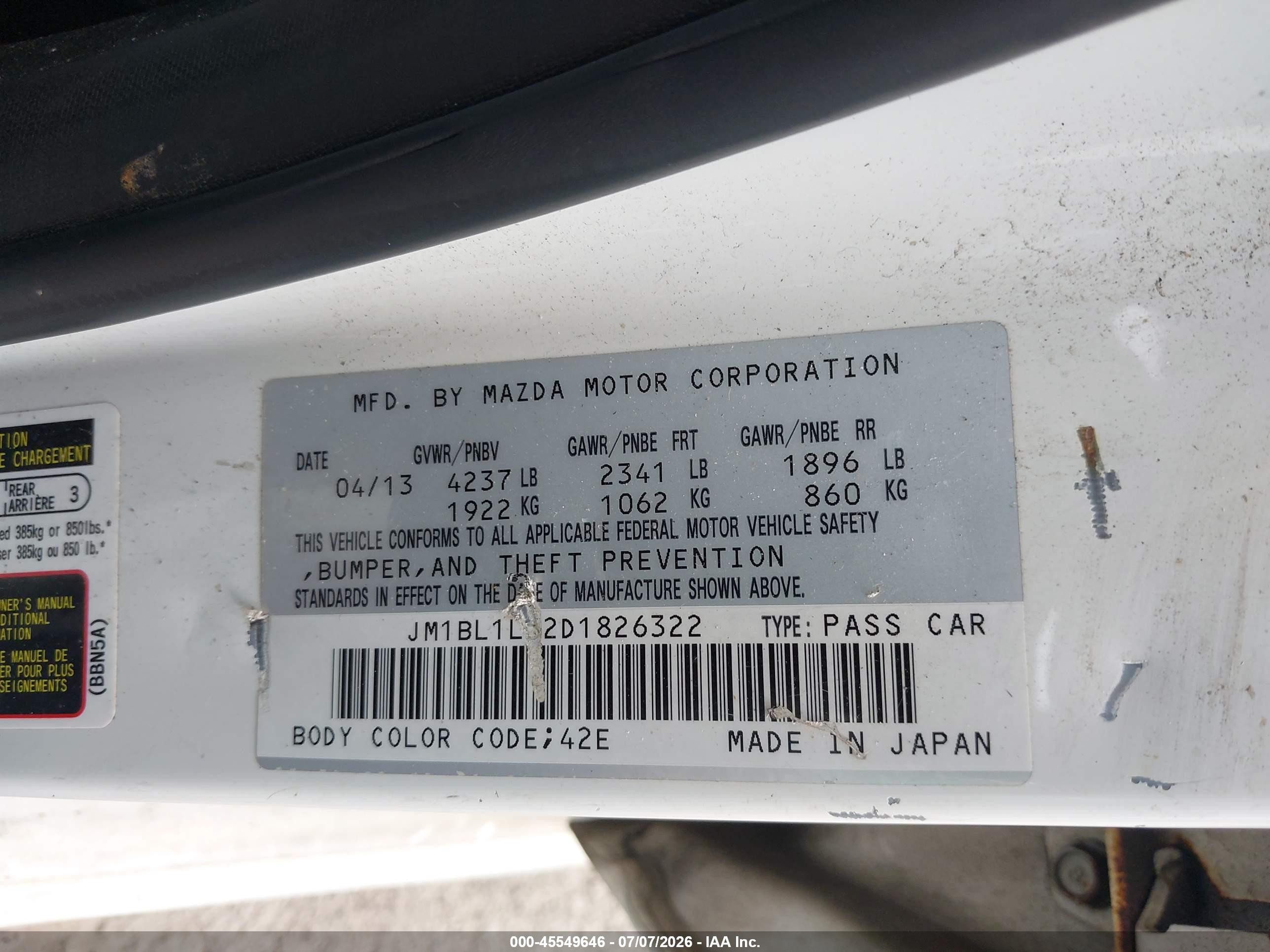 2013 Mazda Mazdaspeed3 Touring White vin: JM1BL1L42D1826322