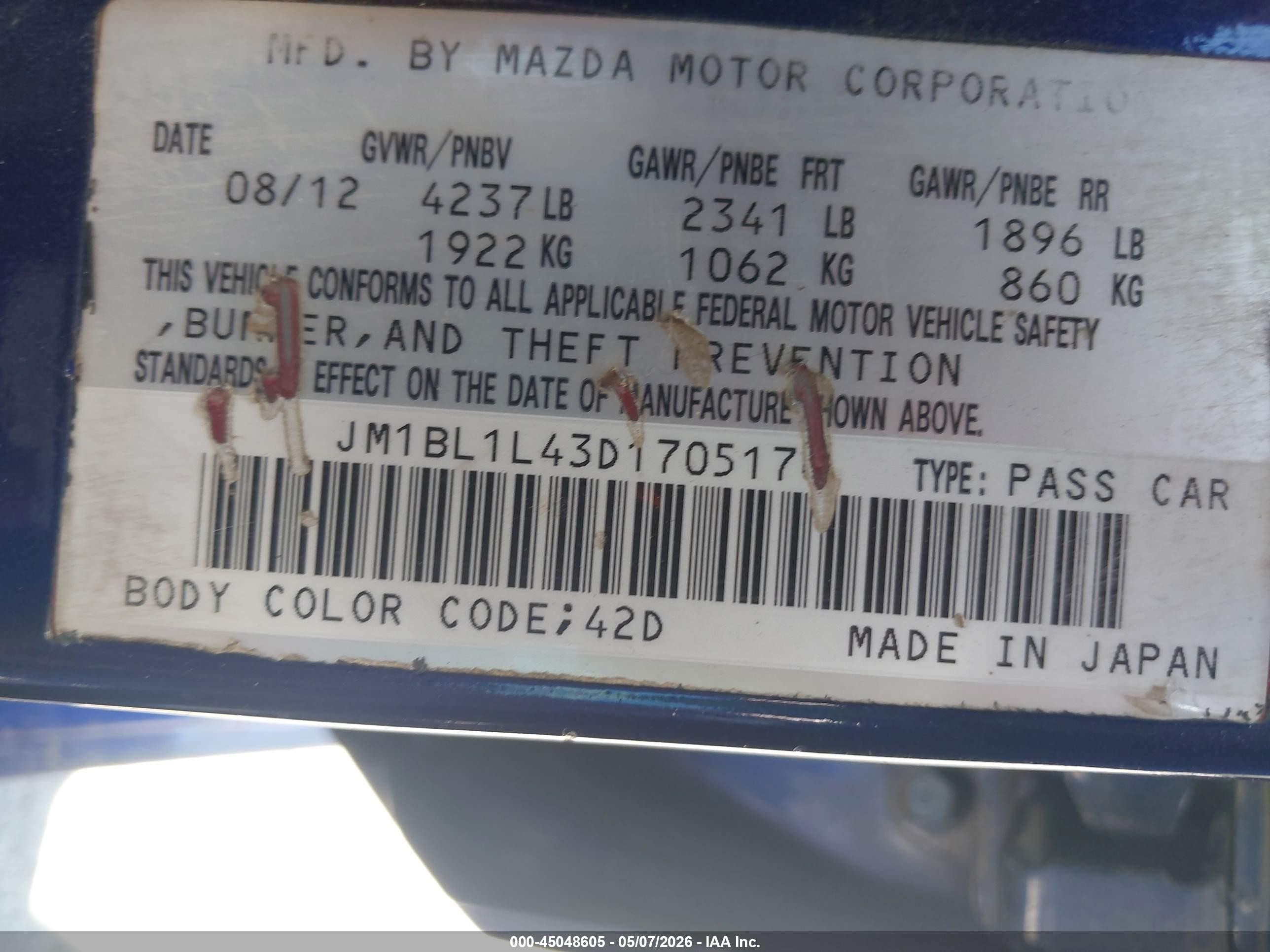 2013 Mazda Mazdaspeed3 Touring Blue vin: JM1BL1L43D1705170