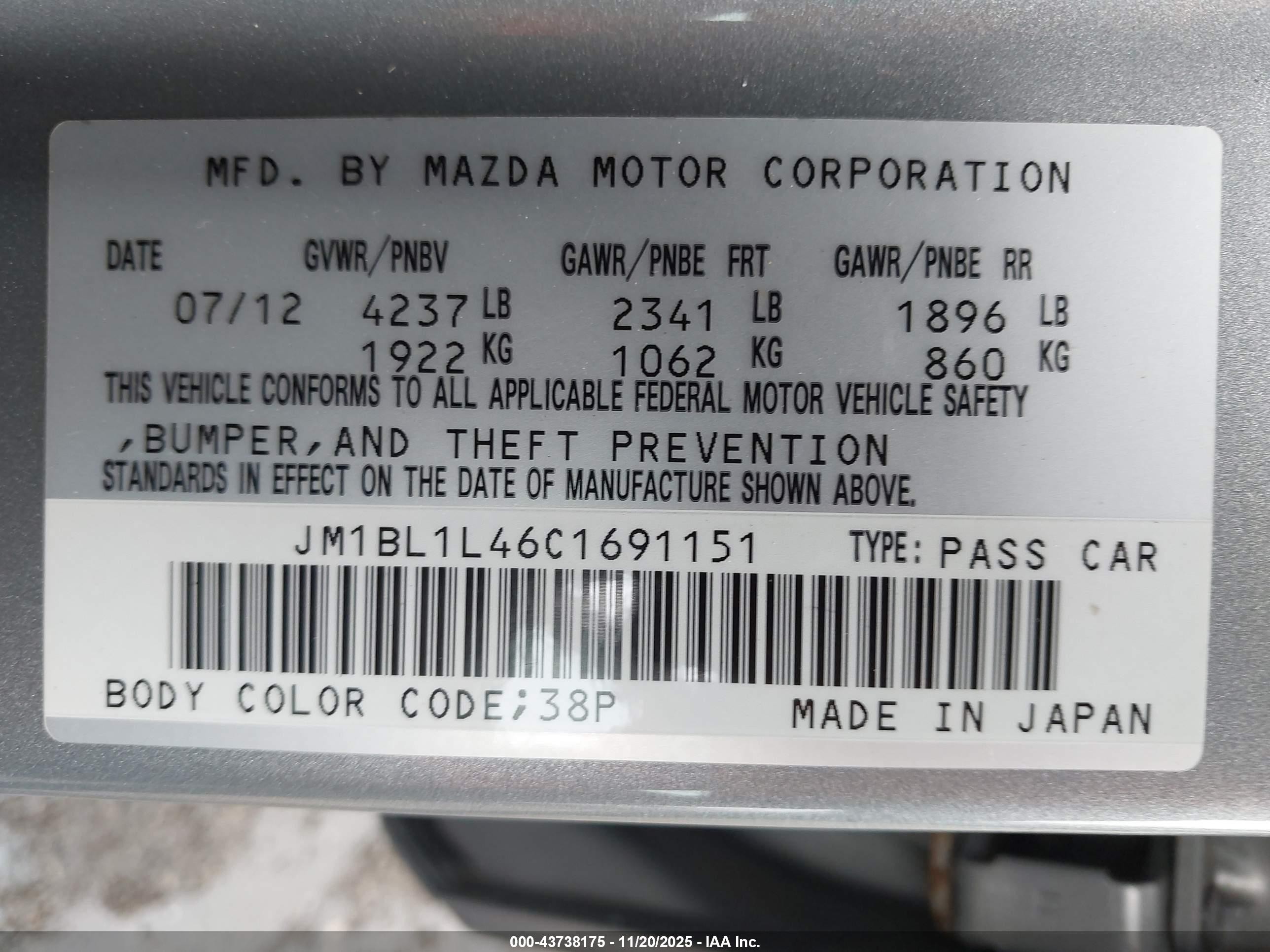 2012 Mazda Mazdaspeed3 Touring Silver vin: JM1BL1L46C1691151