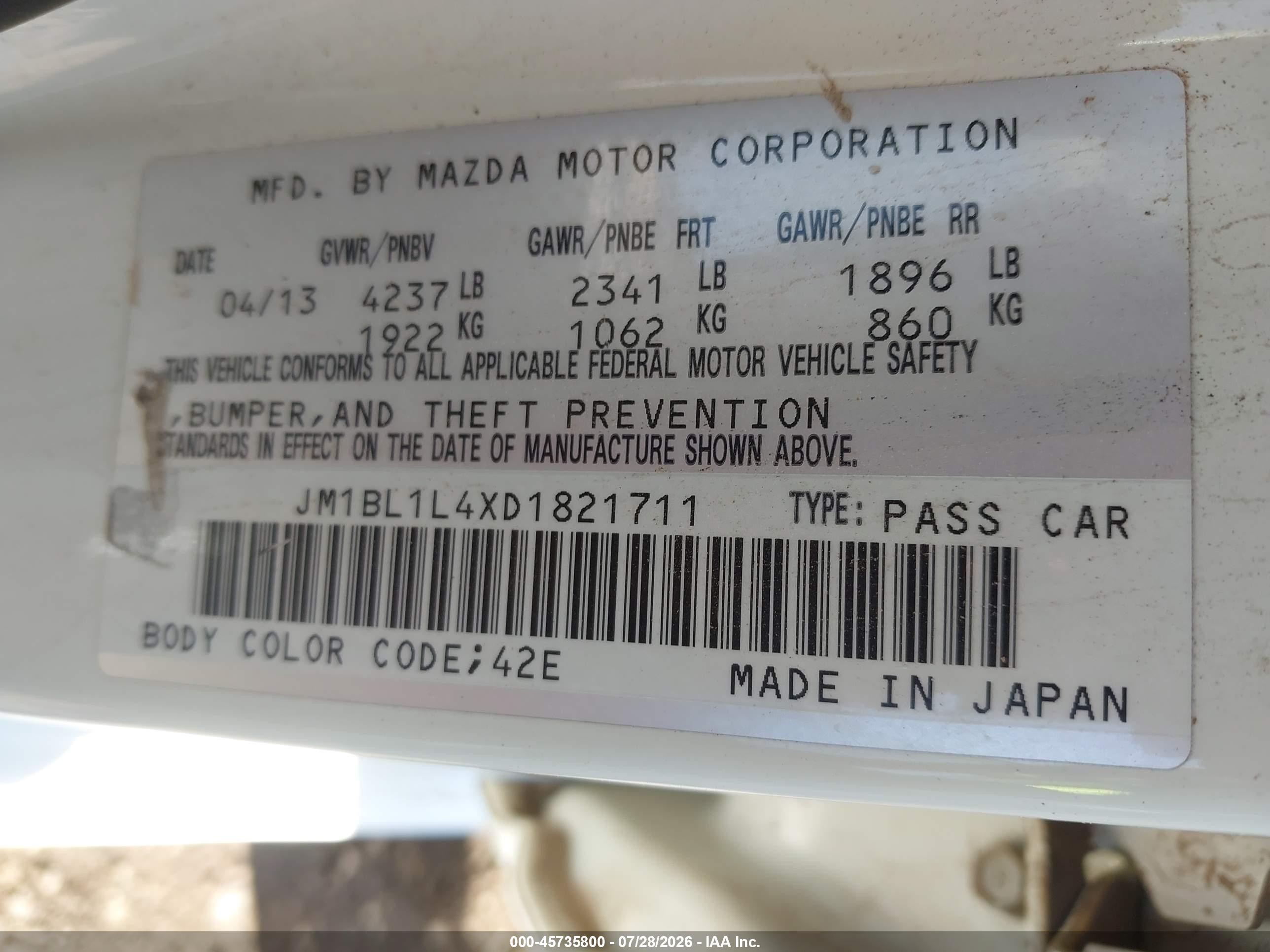 2013 Mazda Mazdaspeed3 Touring White vin: JM1BL1L4XD1821711