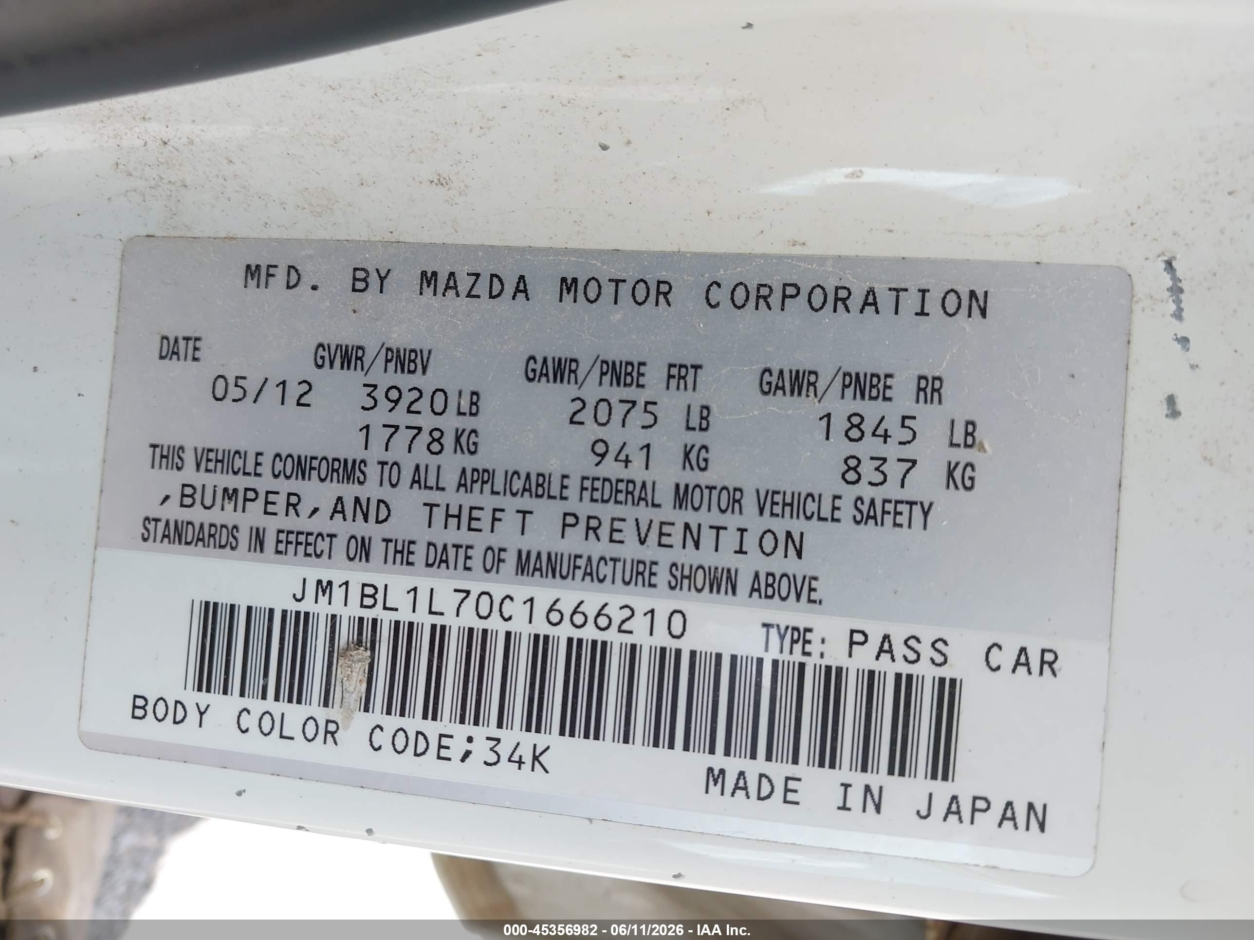 2012 Mazda Mazda3   White vin: JM1BL1L70C1666210