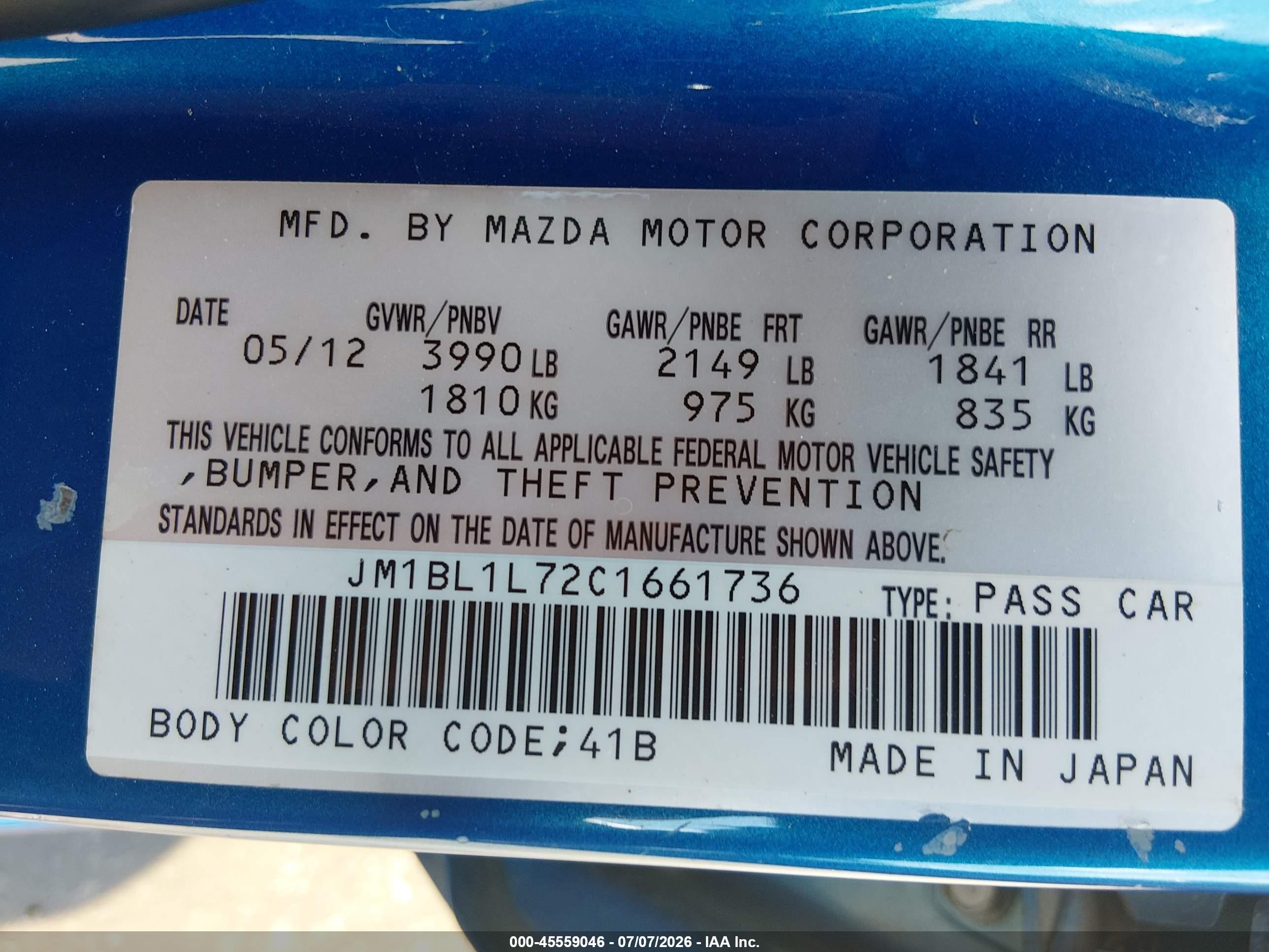 2012 Mazda Mazda3 I Touring Blue vin: JM1BL1L72C1661736